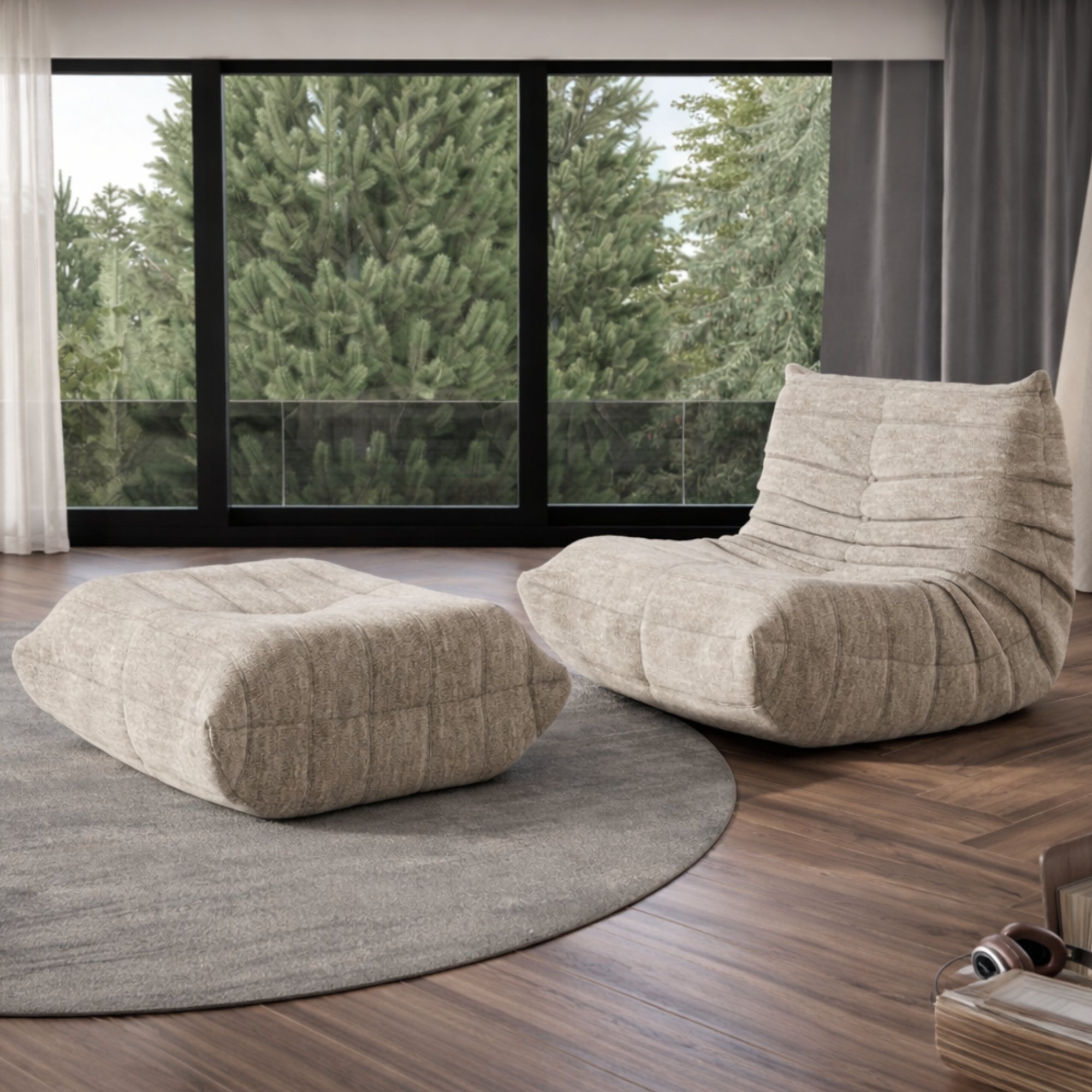 Beige armless accent chair with matching ottoman by Brassex, modern design, cushioned seating for living room decor.