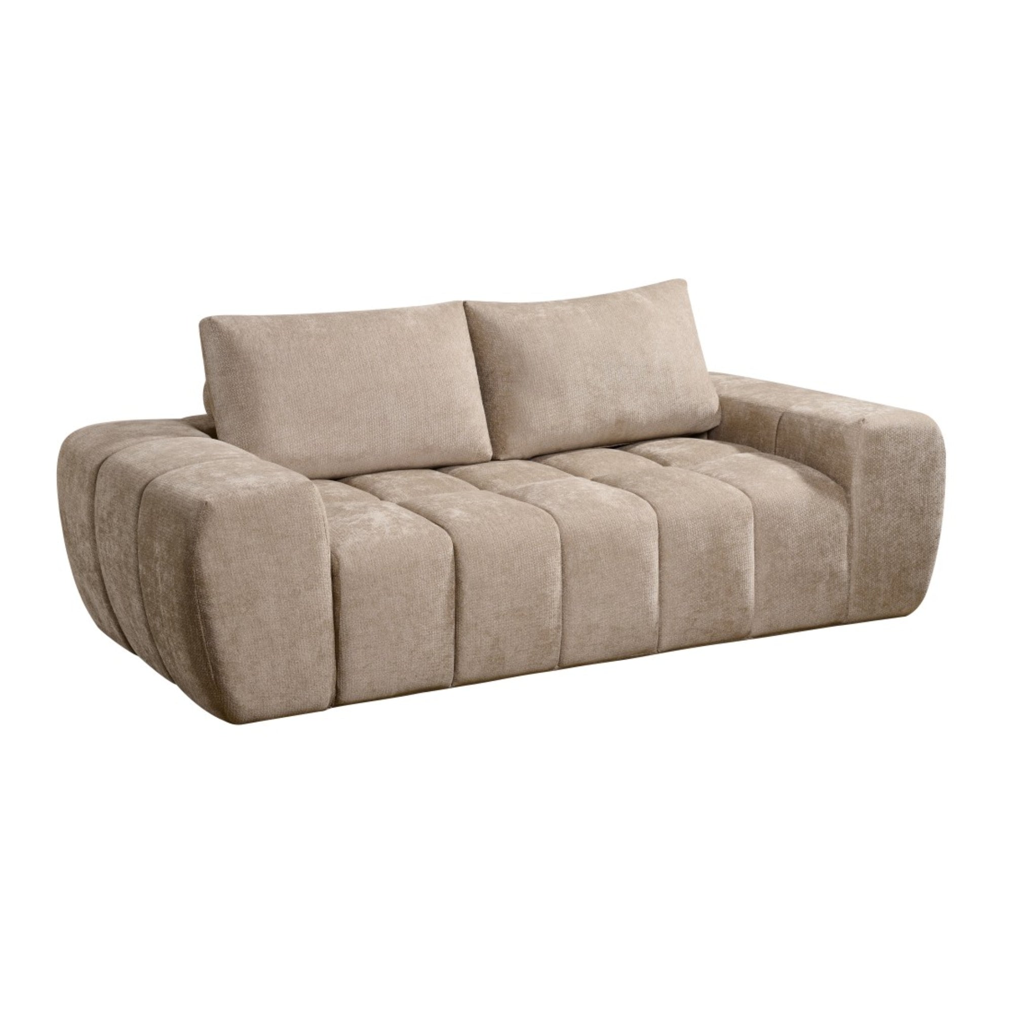 Taupe Compression CloudEase Channel Sofa by Brassex, showcasing plush cushions and modern design in a living room setting.