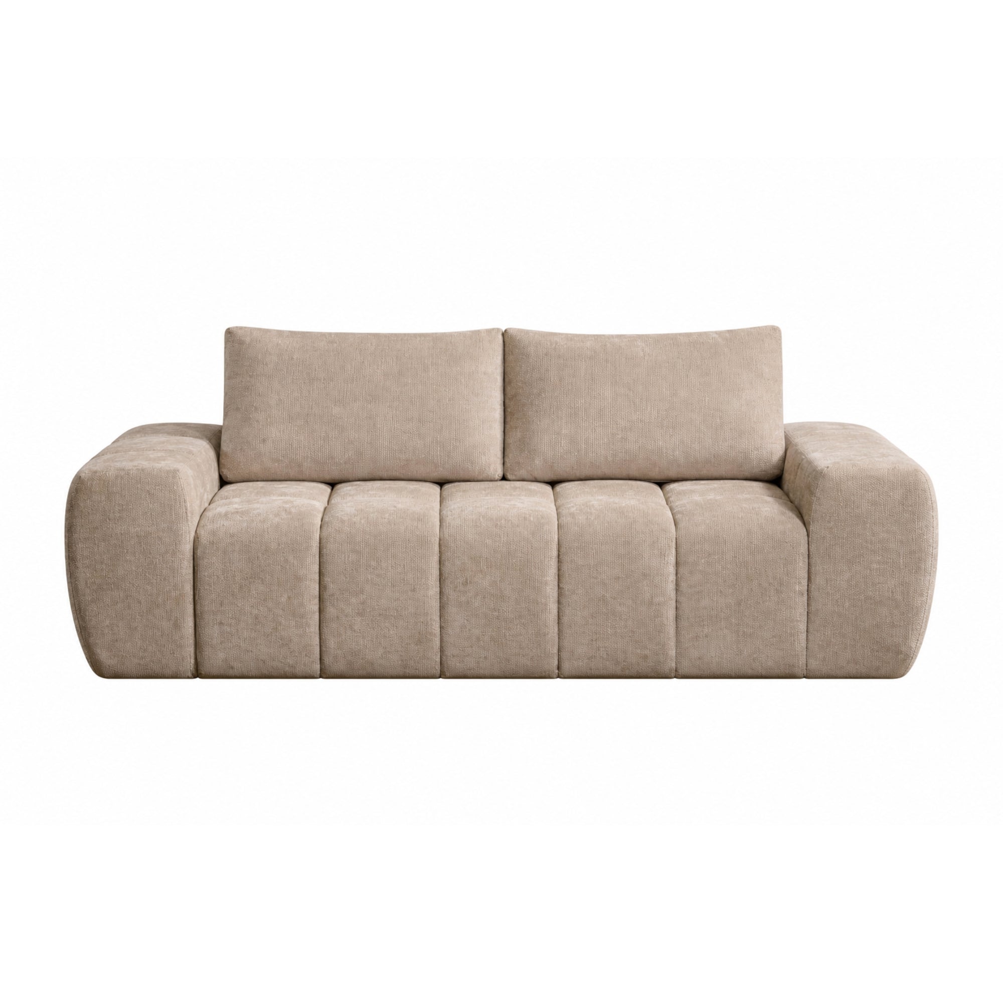 Taupe Compression CloudEase Channel Sofa by Brassex featuring plush cushions and tufted upholstery, styled in a modern living room setting.