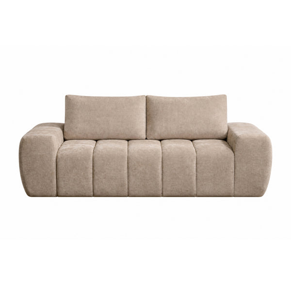 Taupe Compression CloudEase Channel Sofa by Brassex featuring plush cushions and tufted upholstery, styled in a modern living room setting.