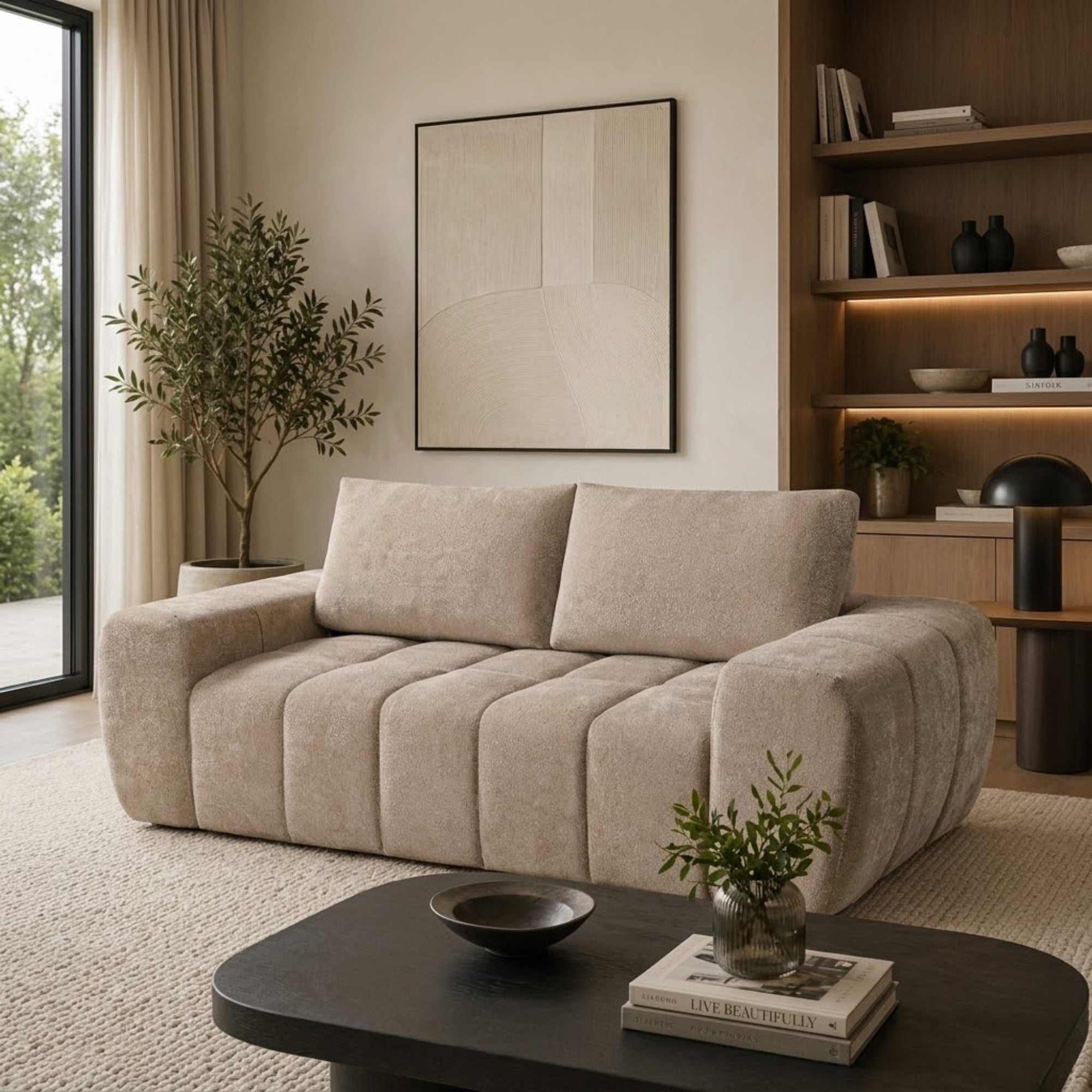 Taupe Compression CloudEase Channel Sofa by Brassex, showcasing plush cushions and modern design in a living room setting.