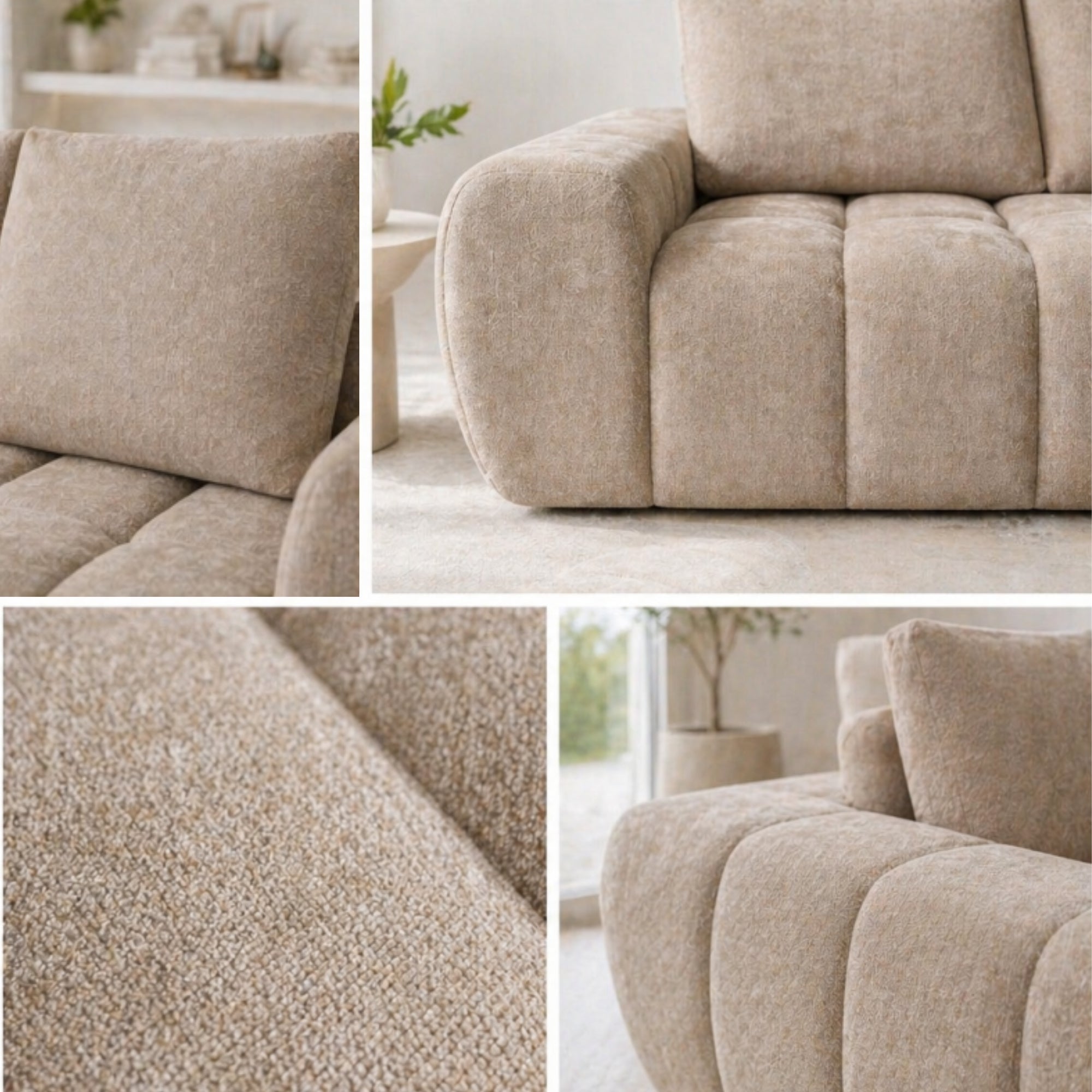 Taupe Compression CloudEase Channel Sofa by Brassex showcasing plush cushions and modern design in a living room setting.
