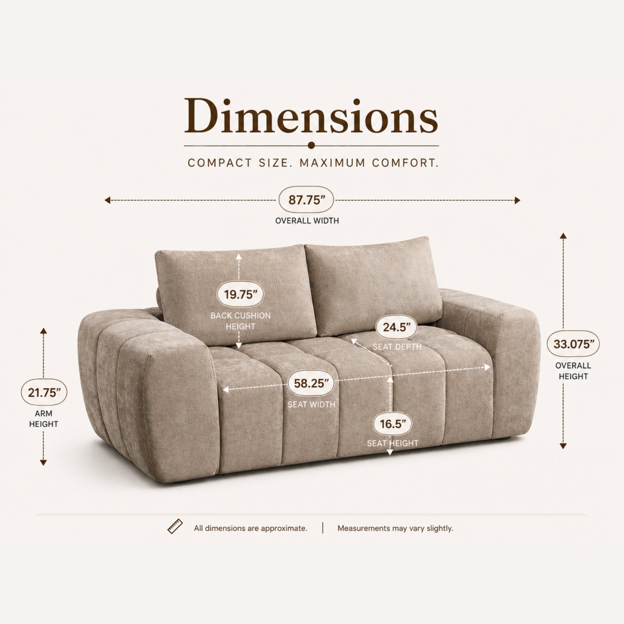 Taupe Compression CloudEase Channel Sofa by Brassex featuring plush cushions and channel-tufted upholstery in a modern living room setting.
