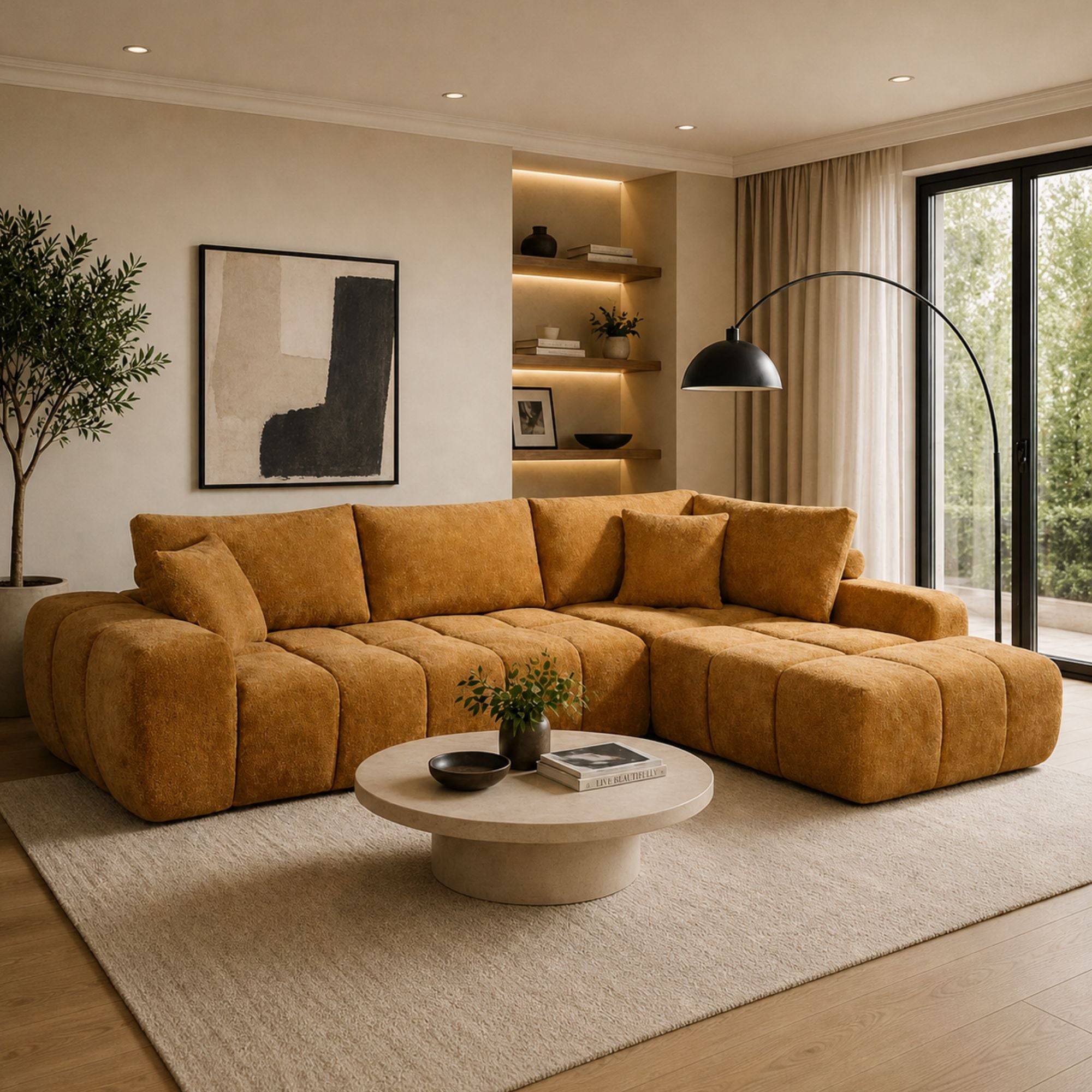 Bronze Brassex Compression Cloud Sectional Sofa with plush cushions and modern design, viewed from the side.