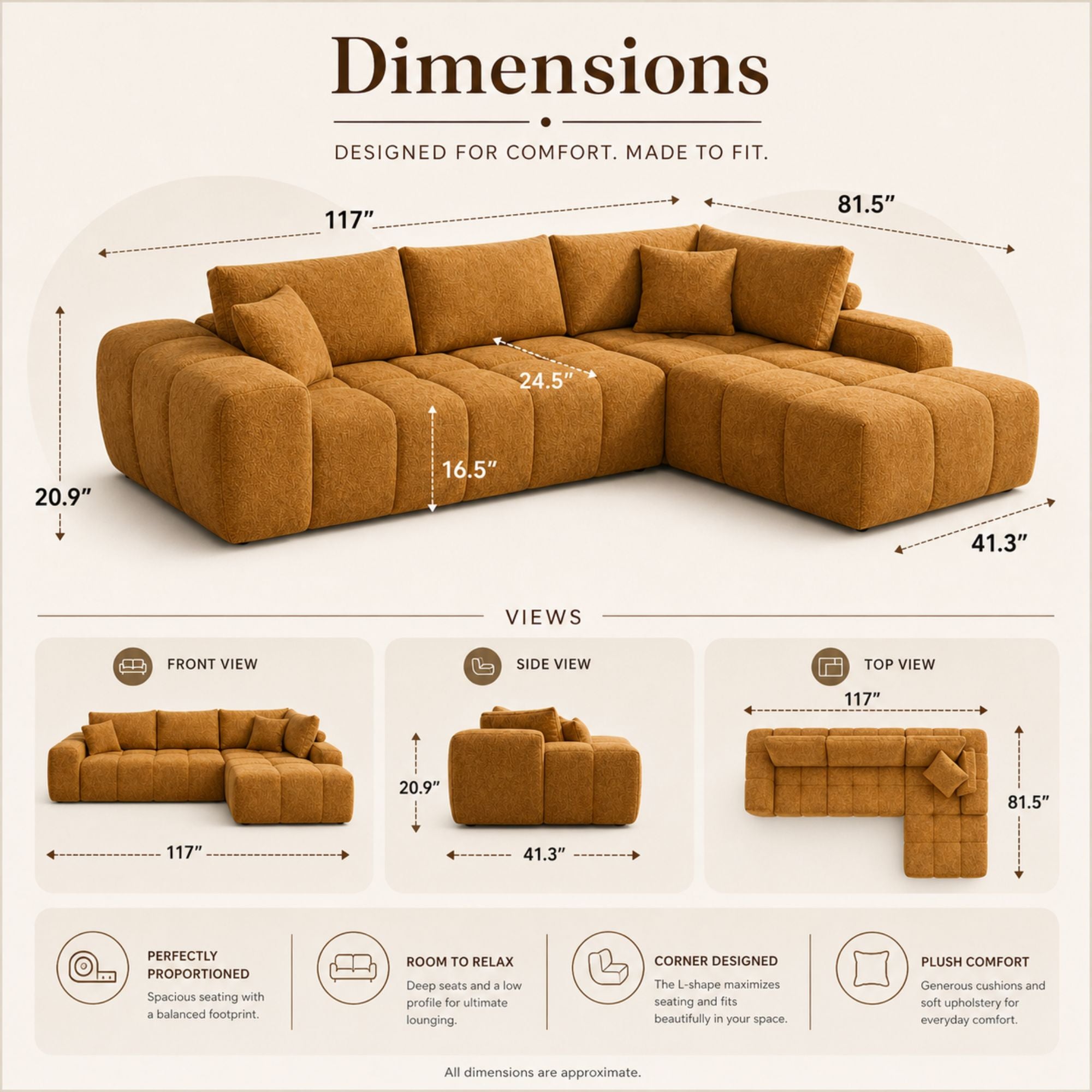 Bronze Compression Cloud Sectional Sofa by Brassex featuring plush cushions and modern design, shown in a cozy living room setting.