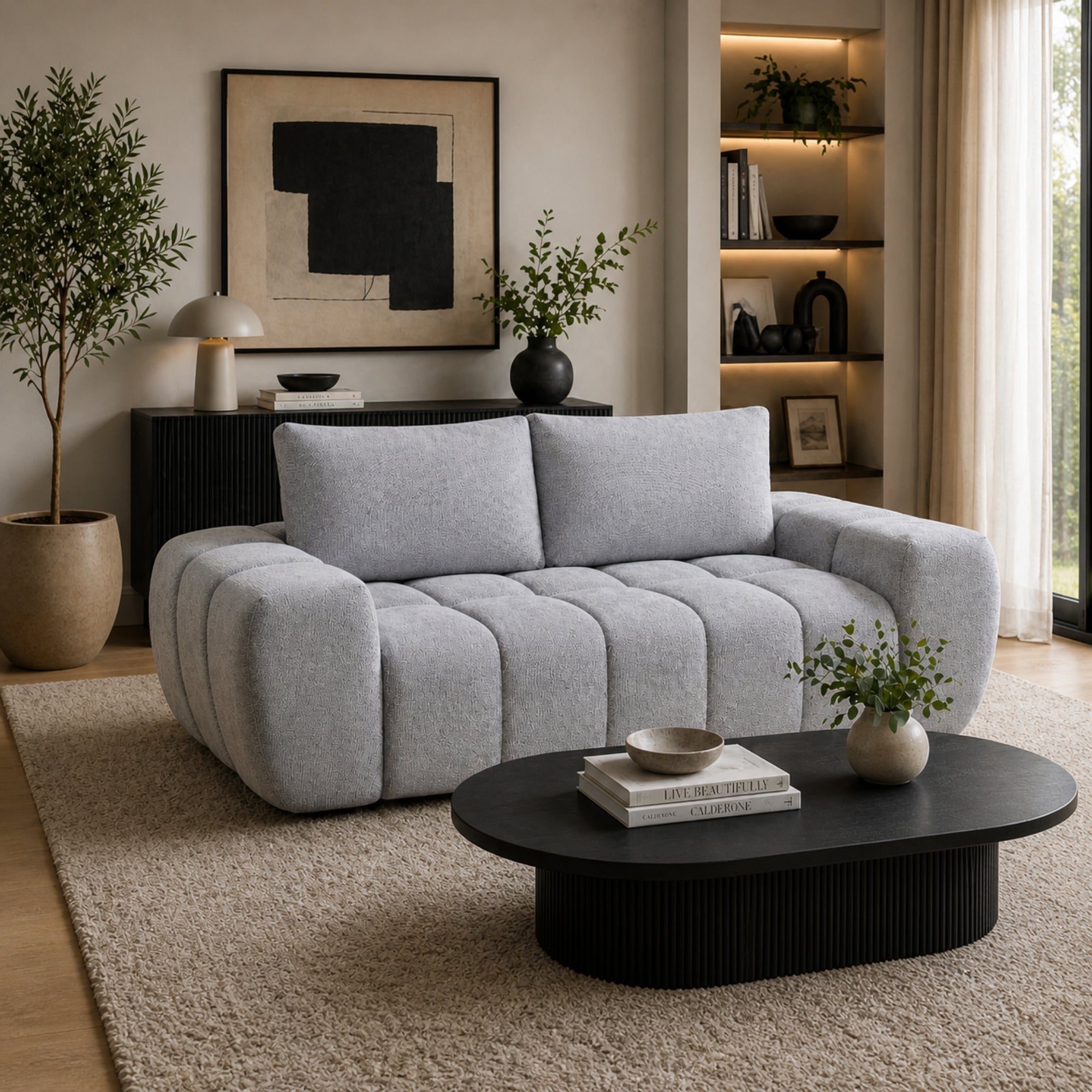 Light grey Compression CloudEase Channel Sofa by Brassex, showcasing plush cushions and sleek fabric upholstery in a modern living room setting.