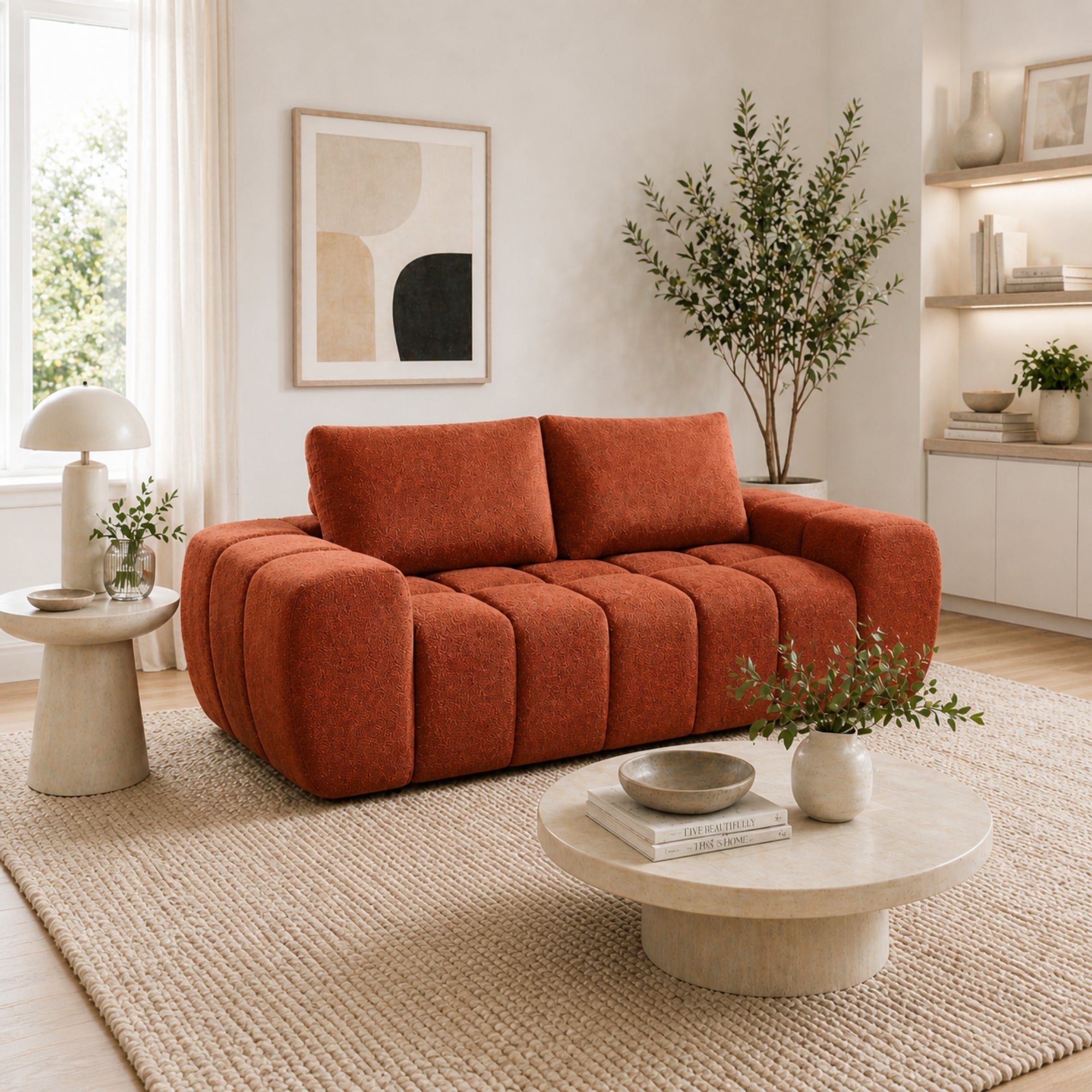 Brassex Burgundy CloudEase Channel Sofa with plush cushions and modern design, showcasing its comfortable, stylish upholstered seating.