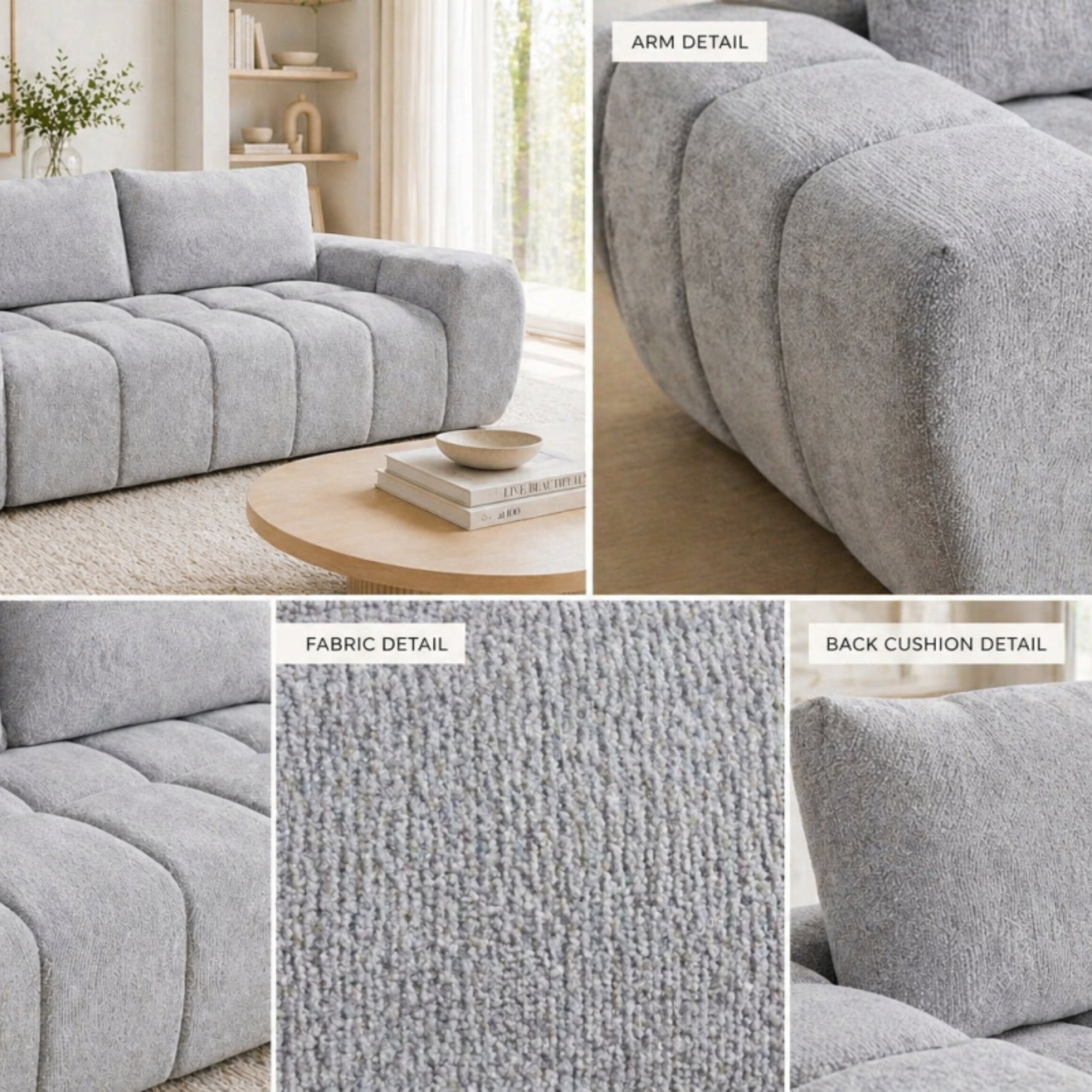 Light grey Compression CloudEase Channel Sofa by Brassex, showcasing plush cushions and modern design in a living room setting.