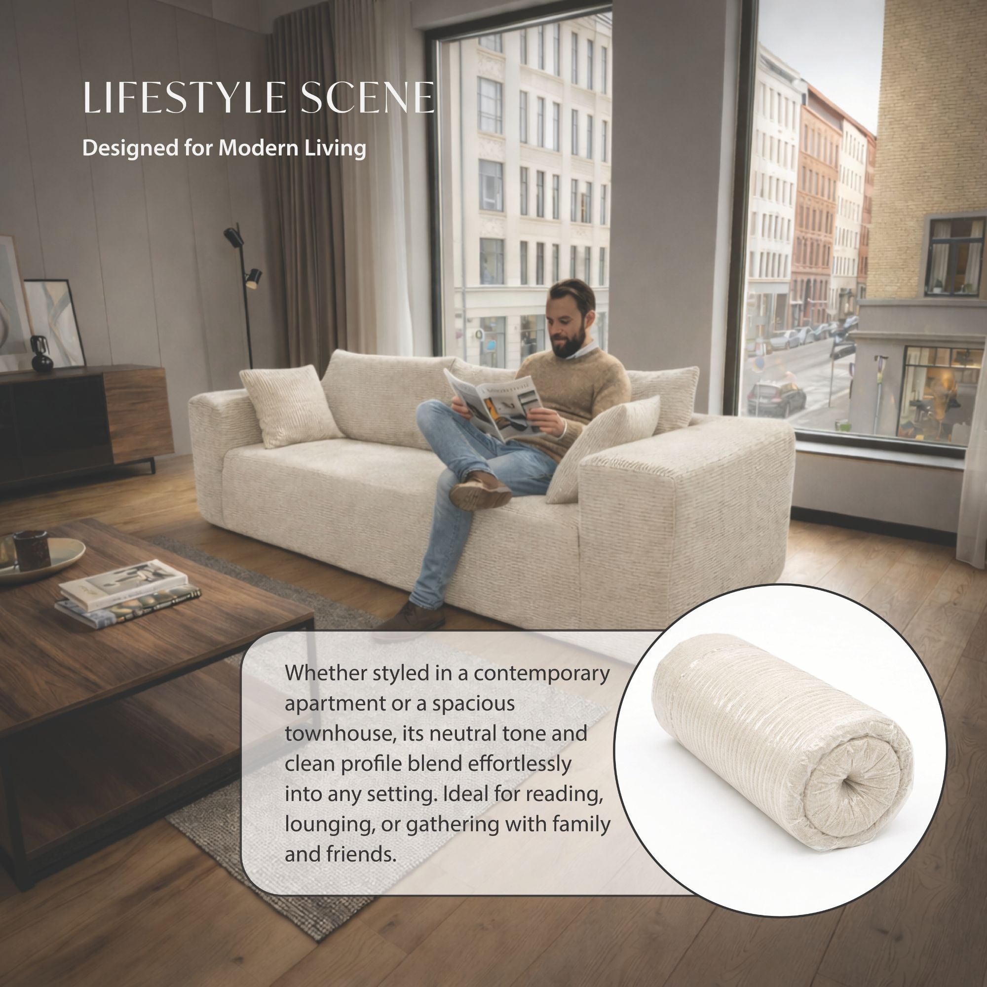 Ivory low-profile compression sofa by Taste Living with clean lines and plush cushions, ideal for modern living spaces.