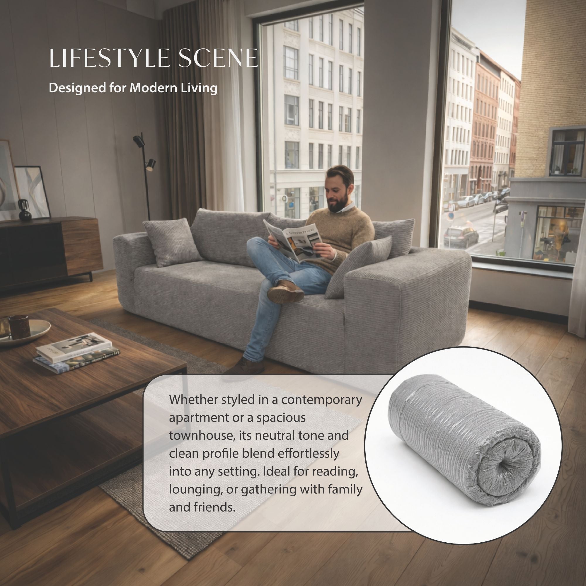 Grey low-profile compression sofa by Taste Living, showcasing sleek modern design and comfortable seating.