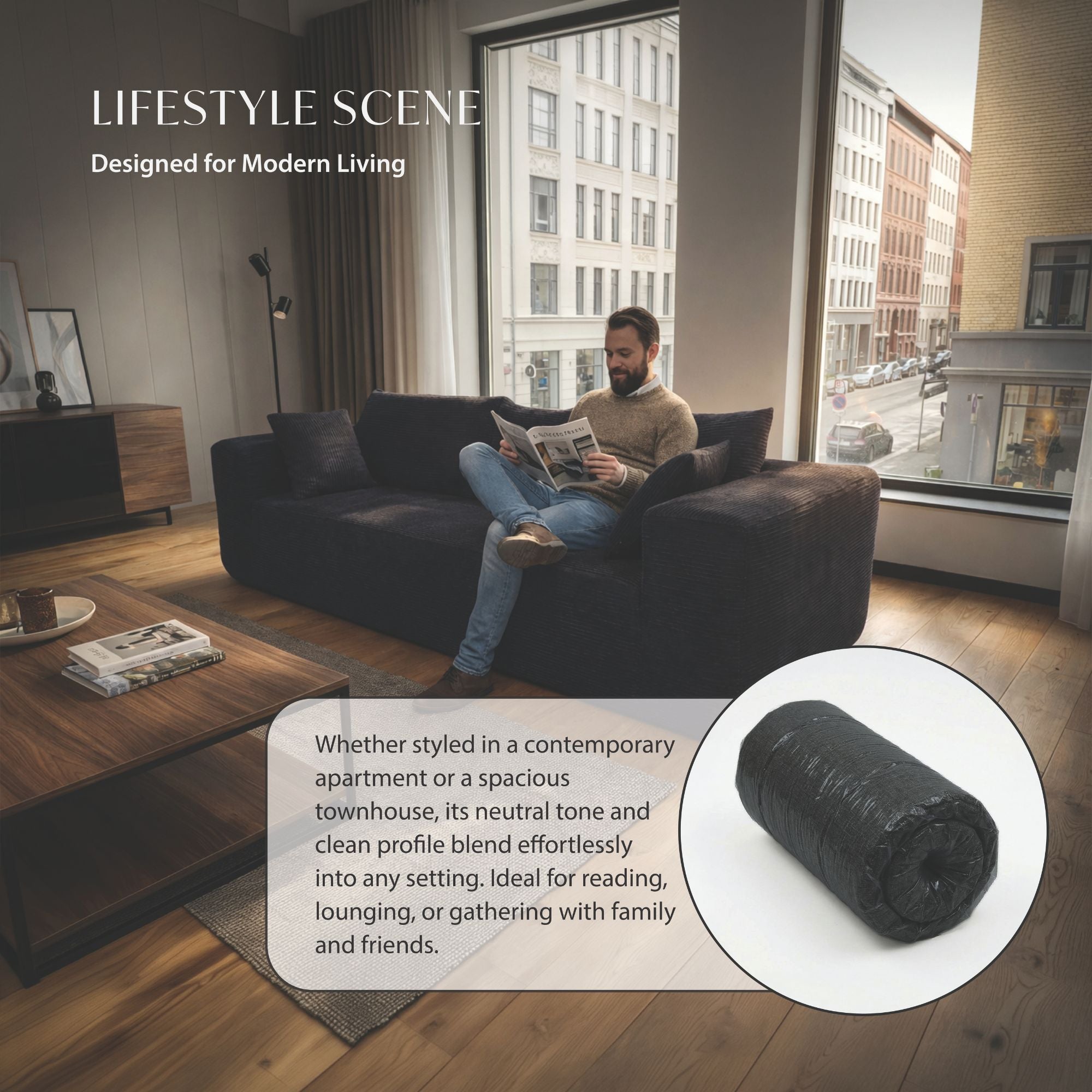 Black low-profile compression sofa by Taste Living, showcasing sleek design and compact form for modern living spaces.