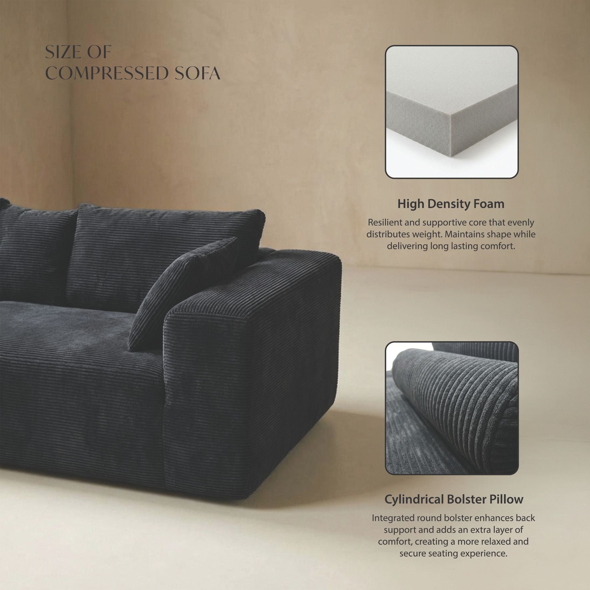 Black low-profile compression sofa by Taste Living with sleek, modern design and plush seating in a stylish living room setting.