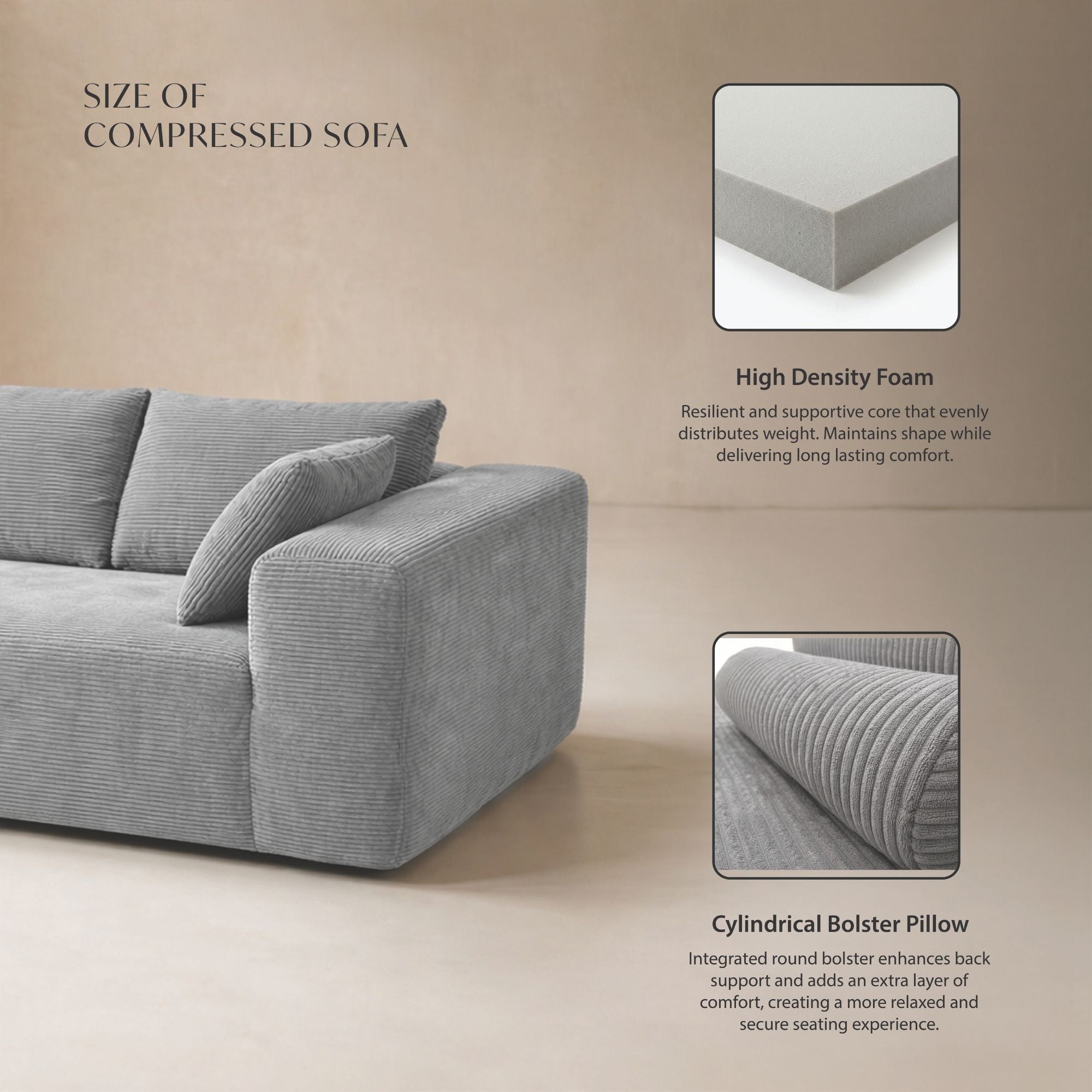 Grey low-profile compression sofa by Taste Living featuring modern design and plush cushioning, perfect for contemporary living spaces.