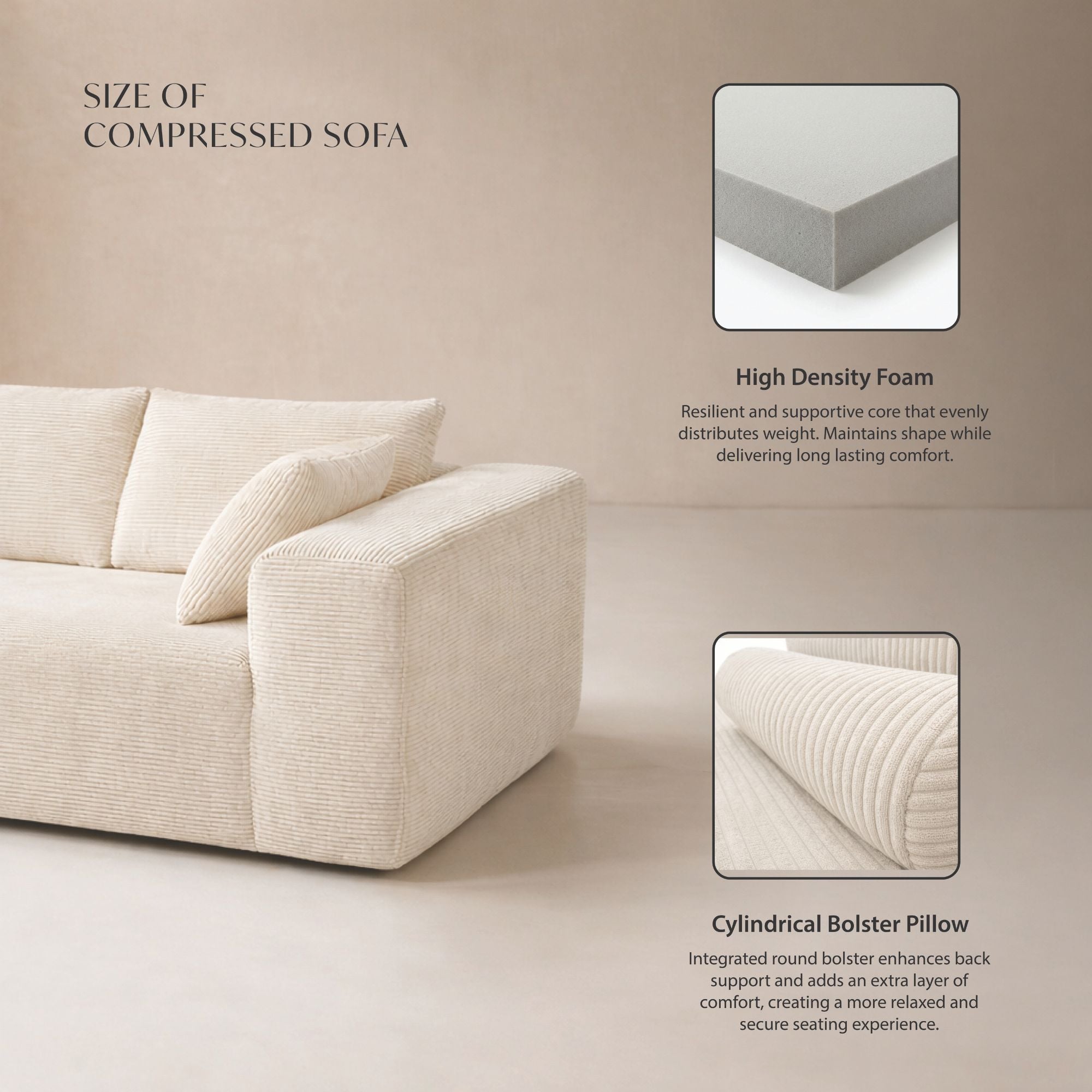 Ivory low-profile compression sofa by Taste Living with sleek, modern design and plush cushions for stylish comfort.