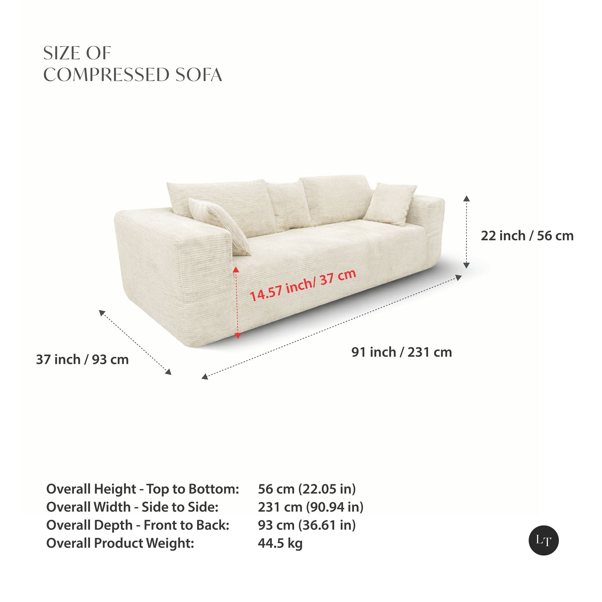 Ivory low-profile compression sofa by Taste Living, showcasing sleek modern design with plush cushions and clean lines.