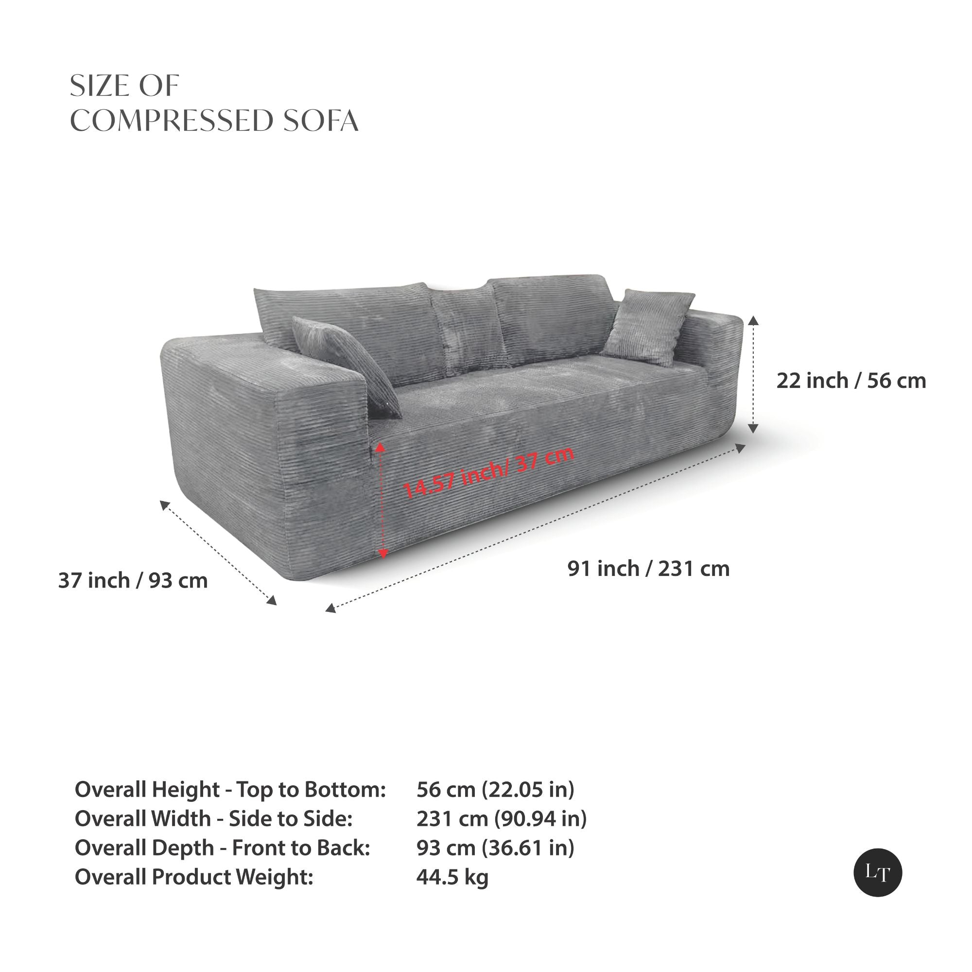 Grey low-profile compression sofa by Taste Living, showing sleek modern design and comfortable seating in a living room setting.