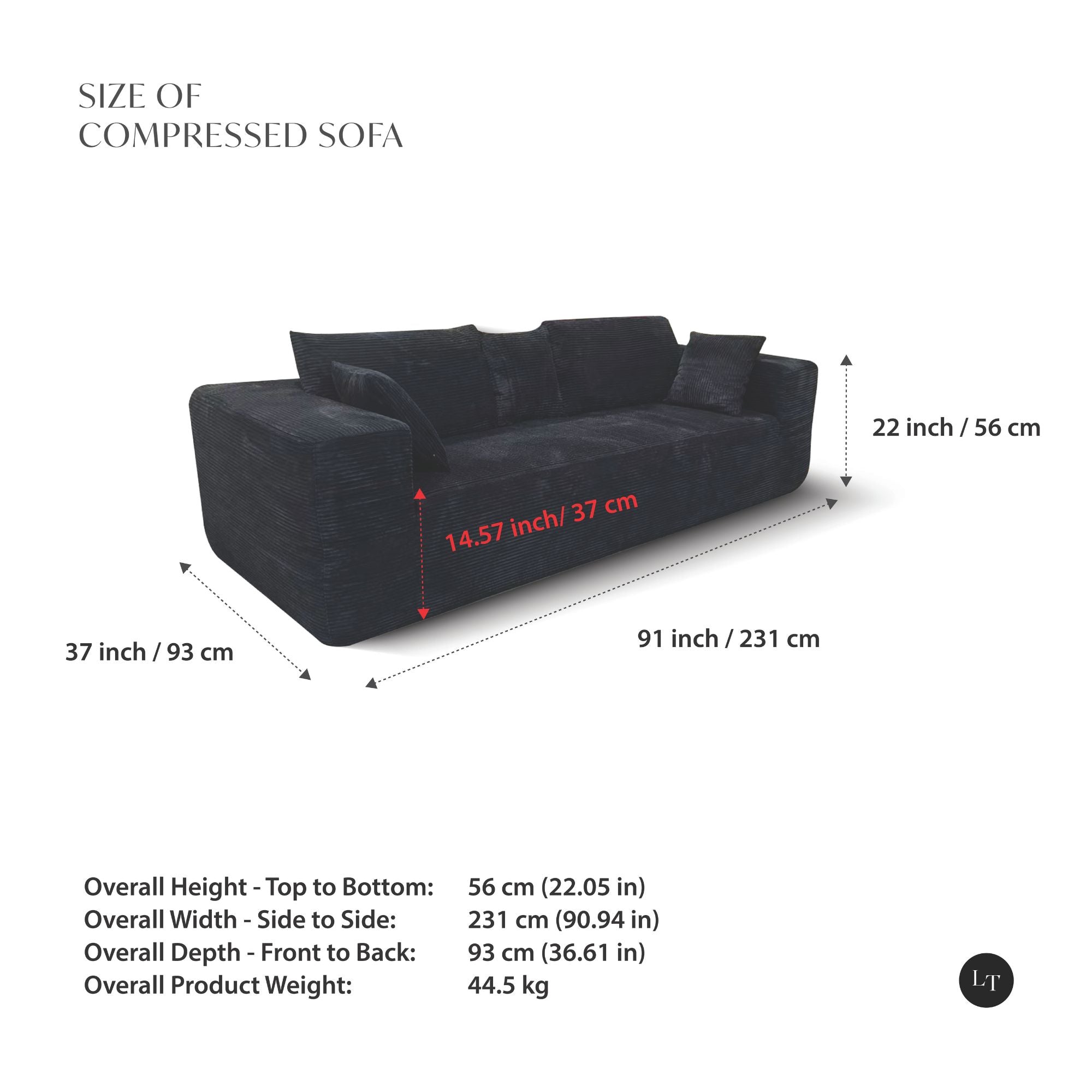 Black low-profile compression sofa by Taste Living, showcasing sleek modern design and comfortable seating.