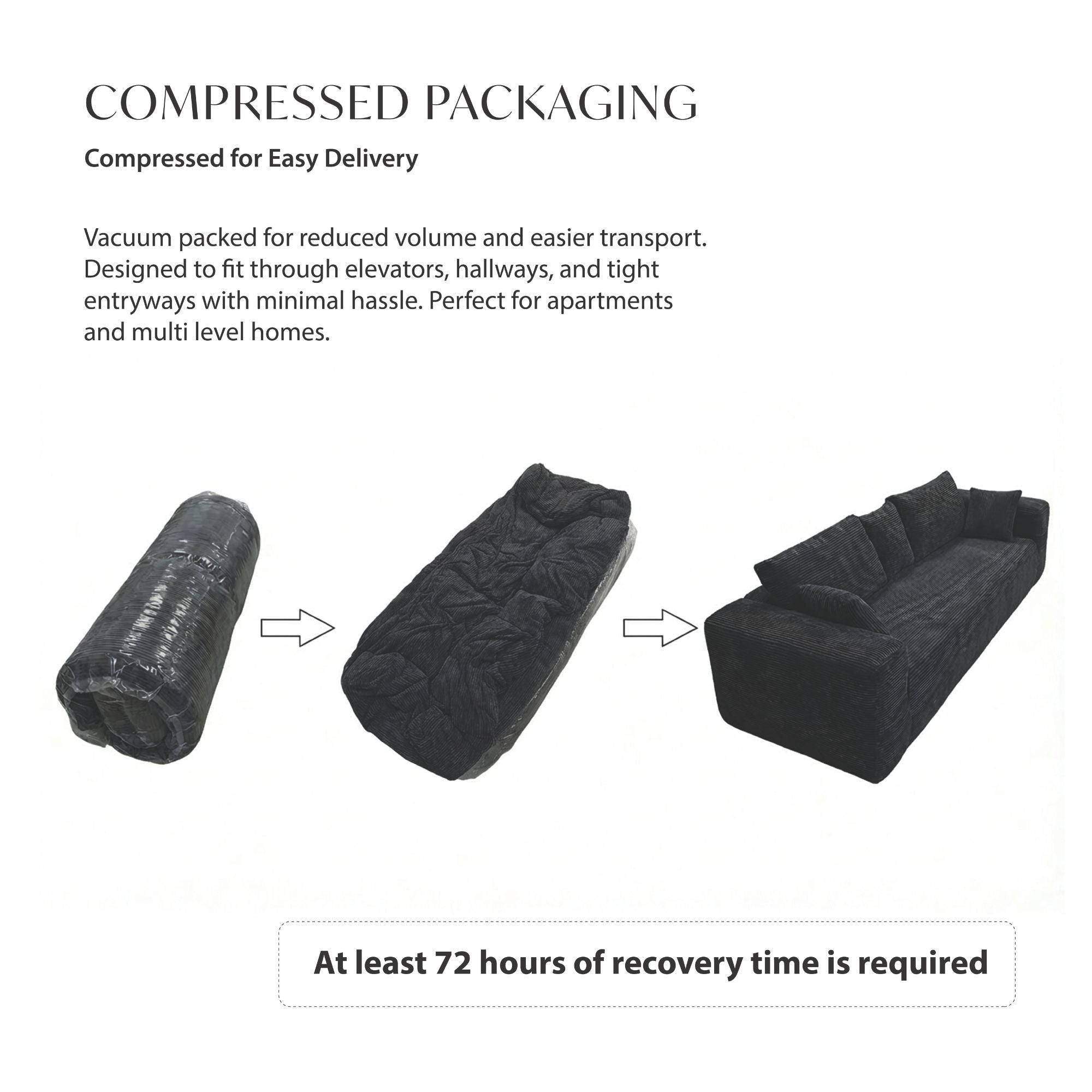 Black low-profile compression sofa by Taste Living, showcasing sleek modern design and comfortable seating.
