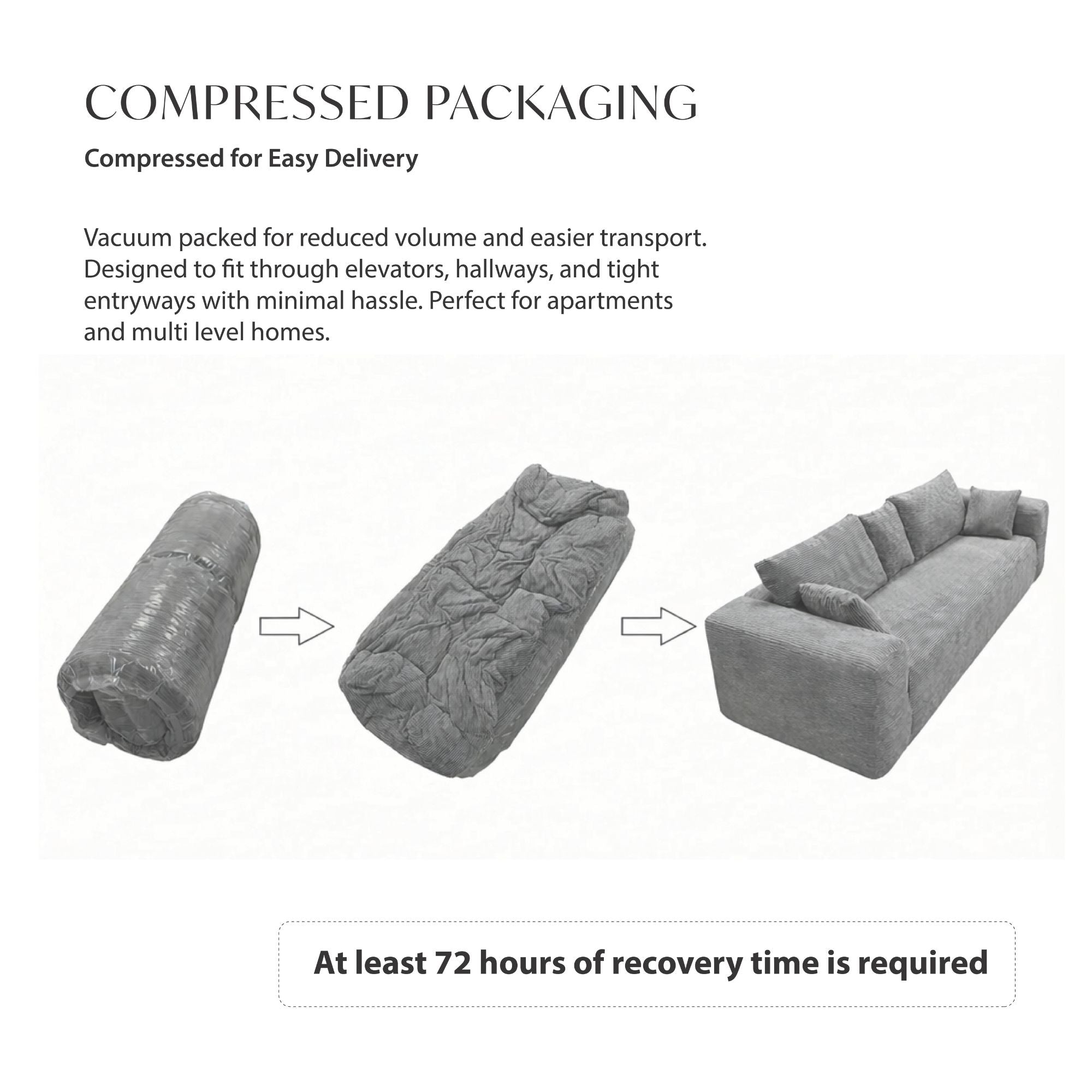 Grey low-profile compression sofa by Taste Living, showcasing sleek modern design with cushioned seating and minimalist style.