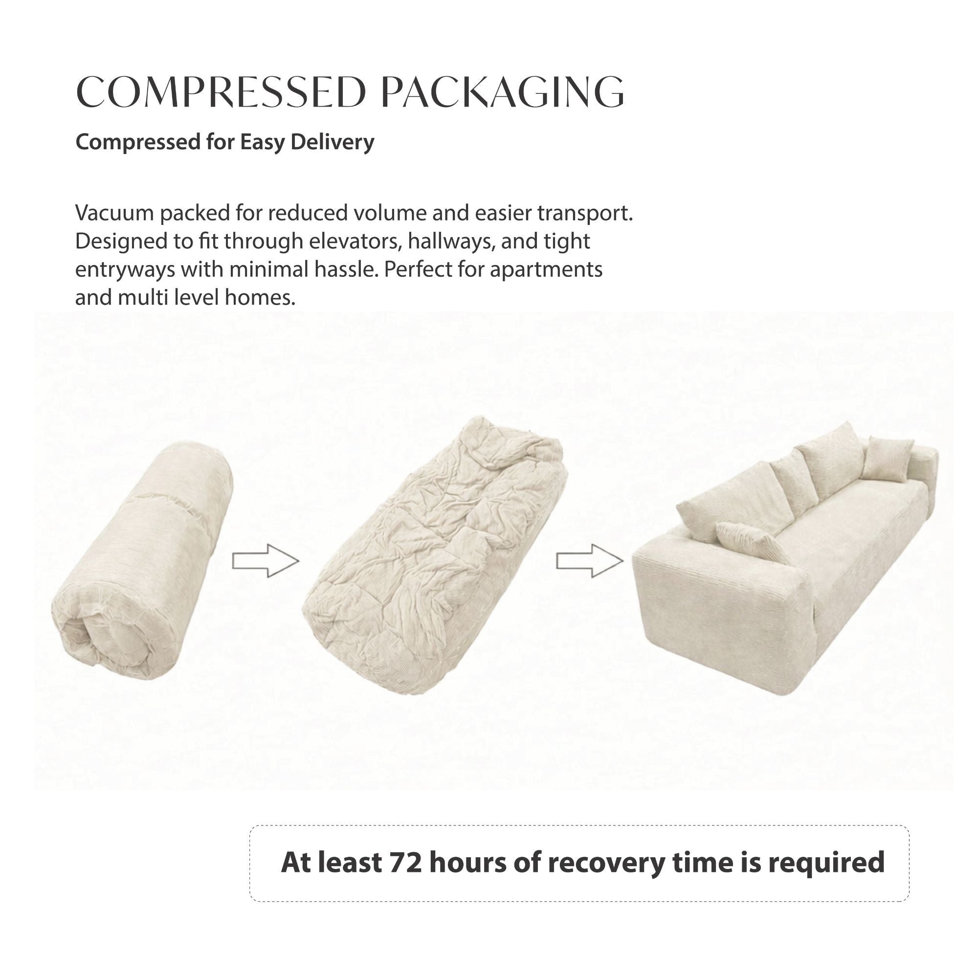 Ivory low-profile compression sofa by Taste Living with sleek, modern design and plush cushions, perfect for contemporary living rooms.