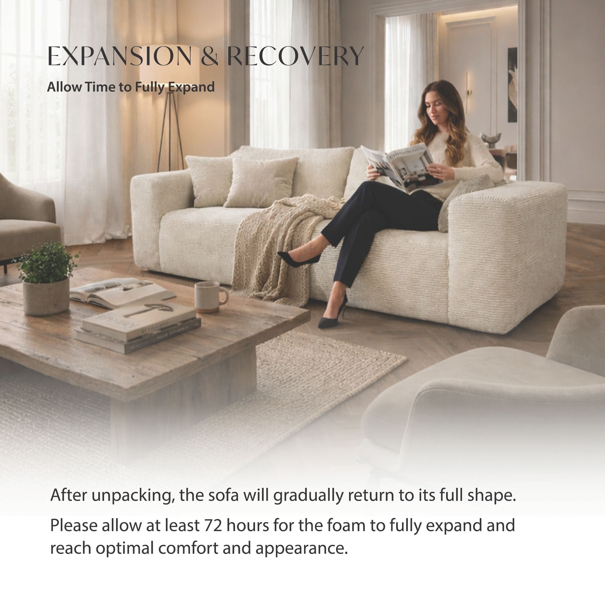 Ivory low-profile compression sofa by Taste Living with sleek design and plush cushions, ideal for modern living spaces.