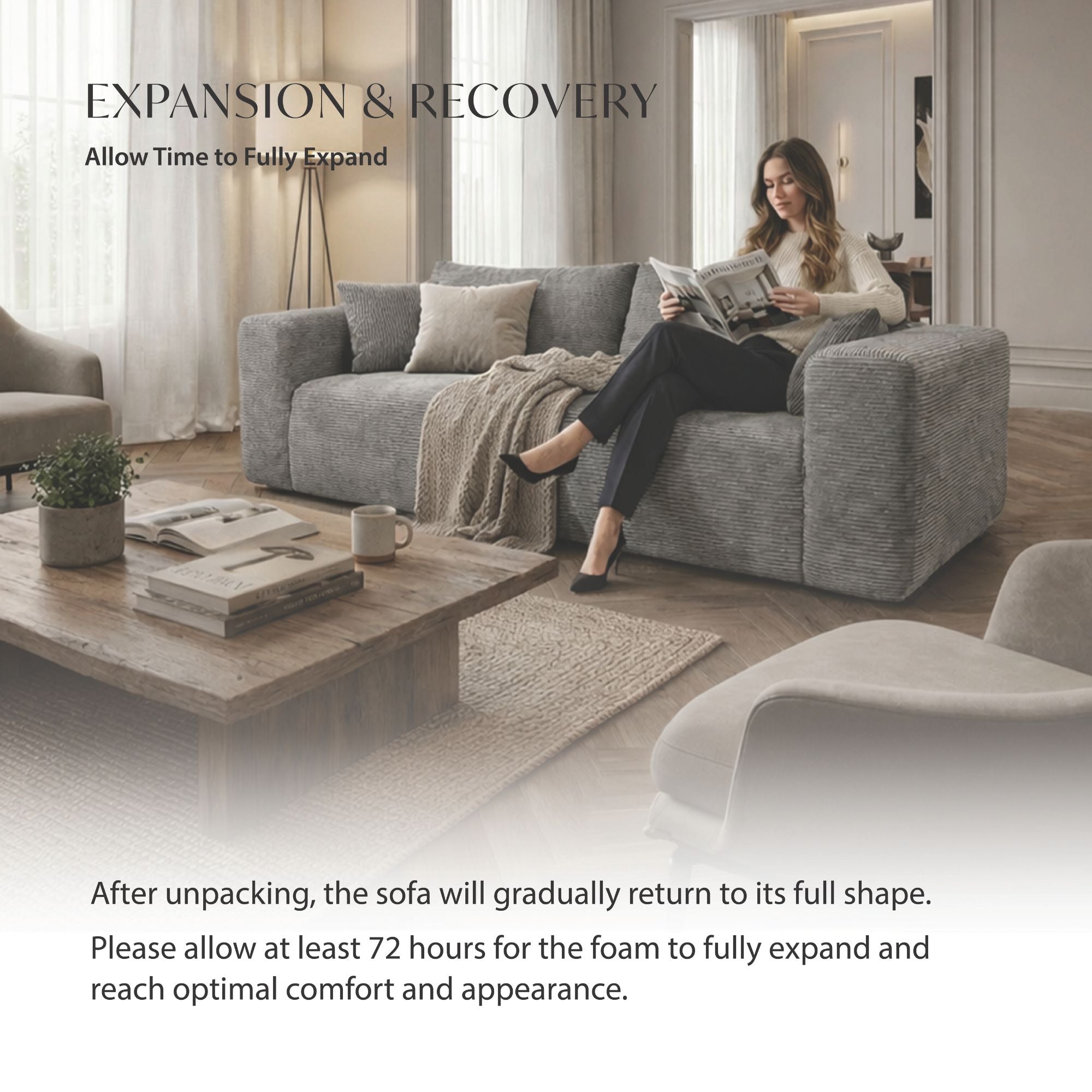 Grey low-profile compression sofa by Taste Living, showcasing sleek modern design and comfortable seating.