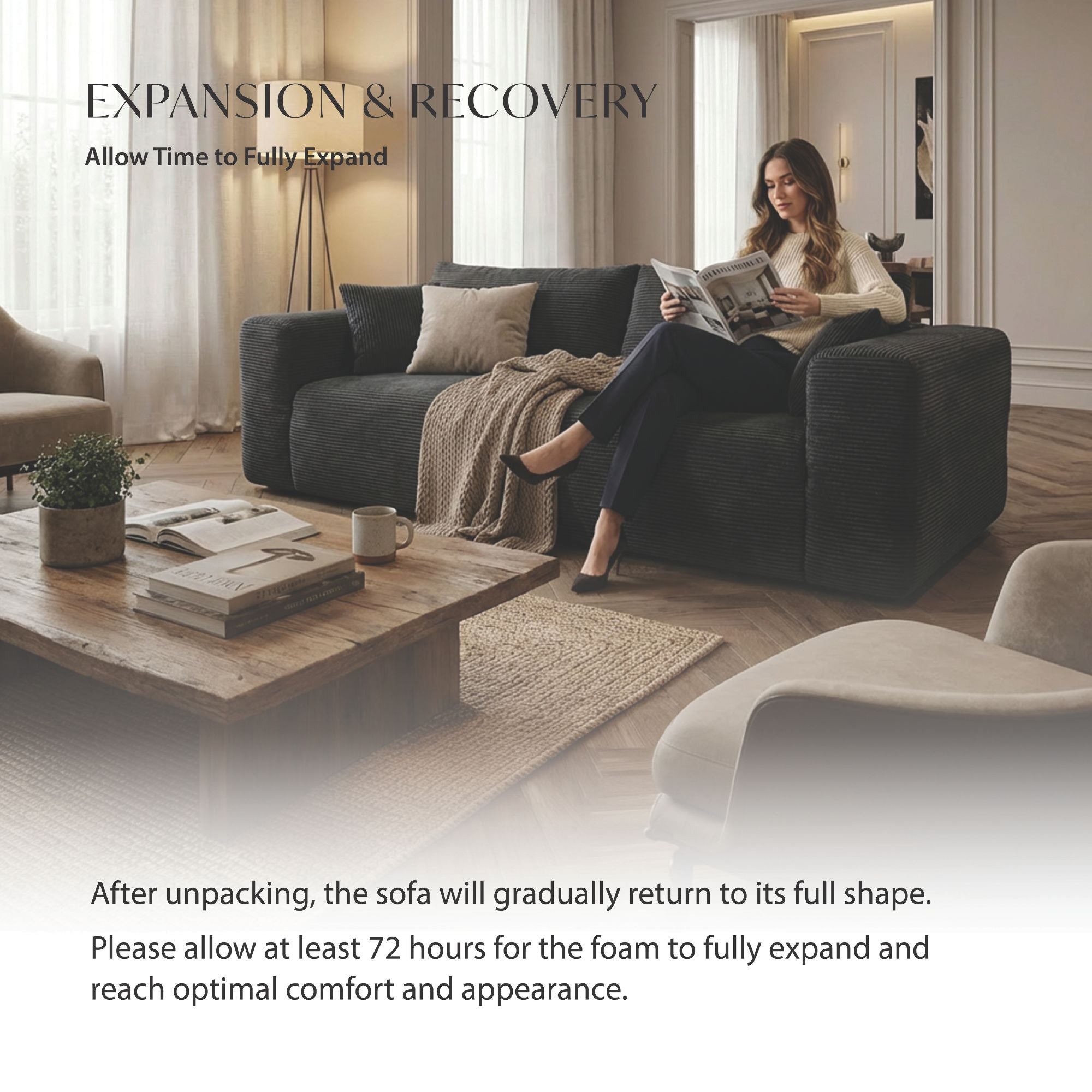 Black low-profile compression sofa by Taste Living, showcasing sleek modern design and comfortable seating.