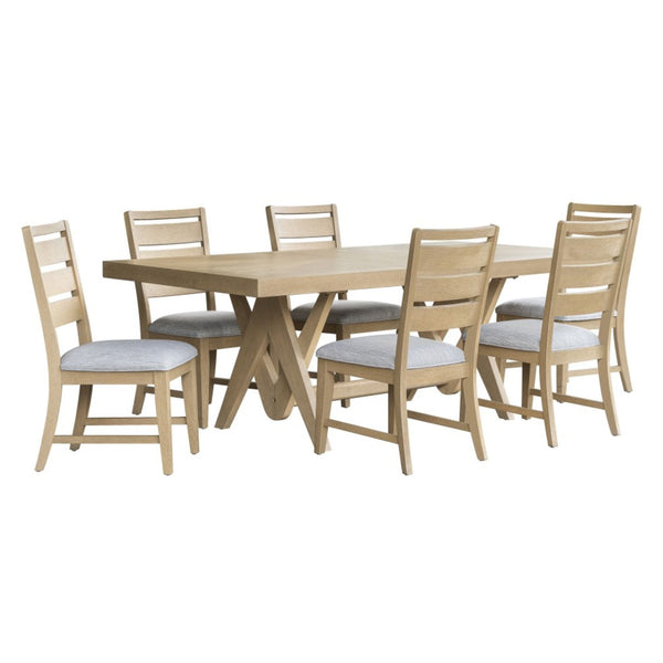 Cosima 7-piece dining set by Brassex with natural wood finish, including a table and six matching chairs, ideal for modern dining rooms.