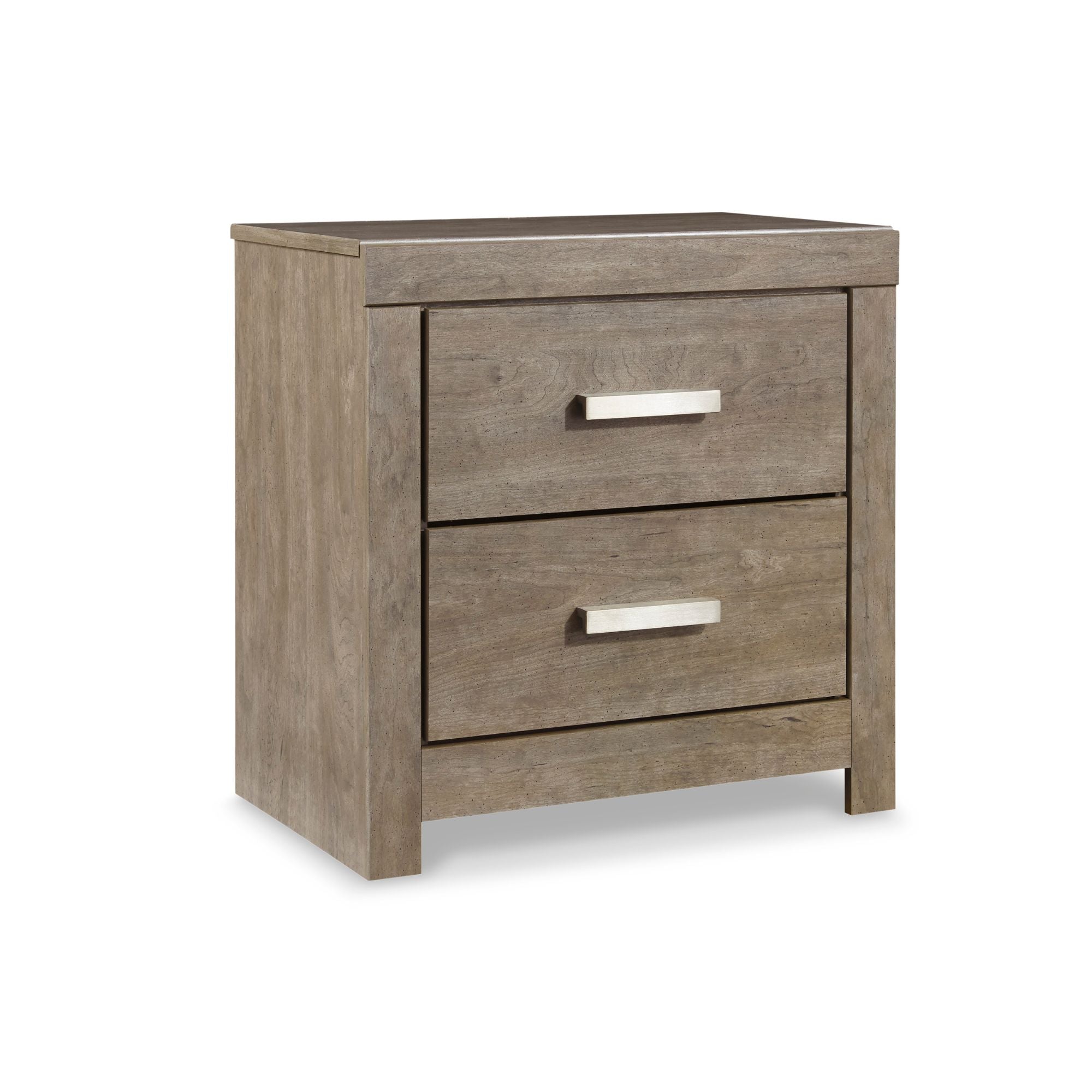 Grey Culverbach bedroom set by Signature Ashley featuring a bed, matching nightstands, and dresser in a modern design.