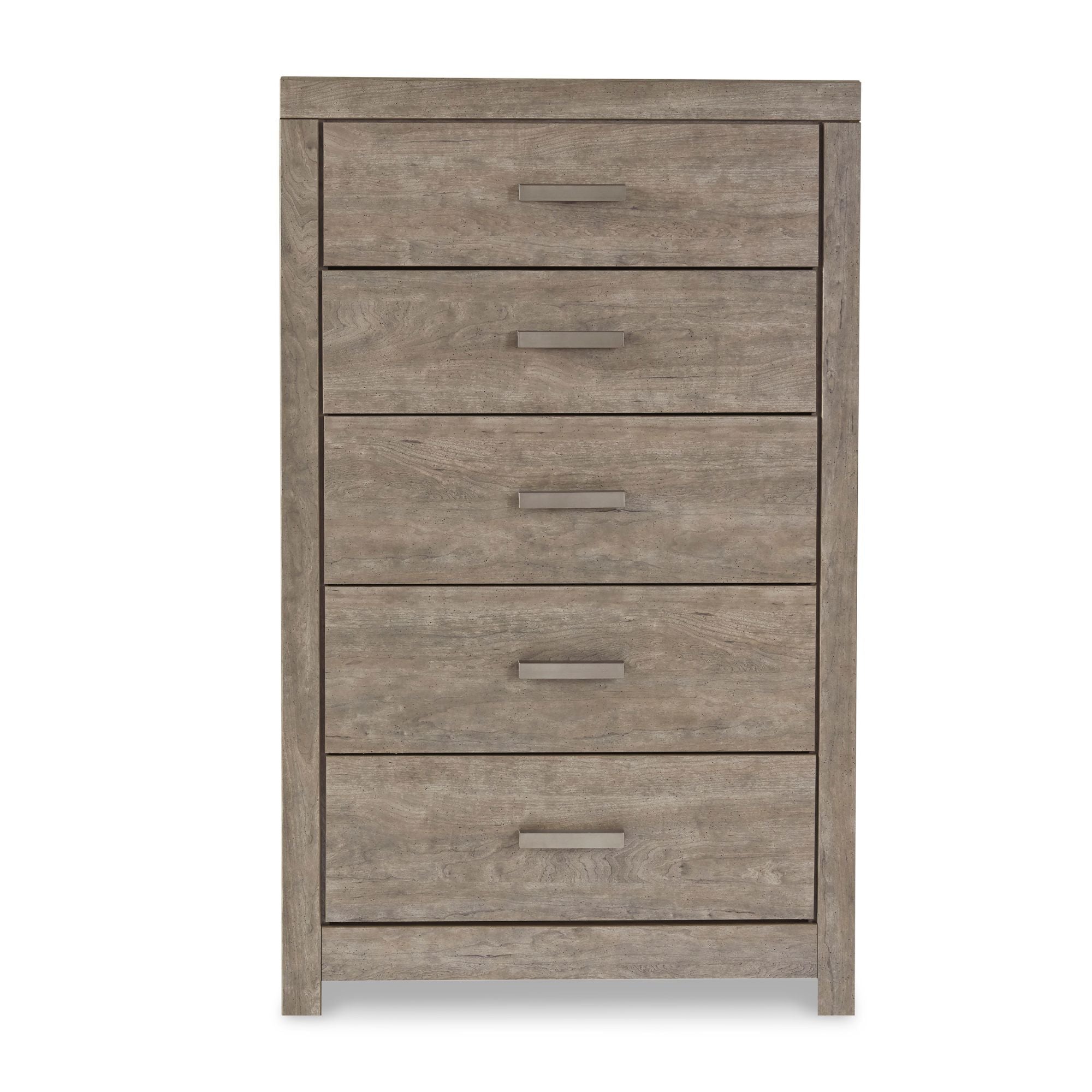 Signature Ashley Culverbach grey chest of drawers with clean lines and metal handles, part of the bedroom set.