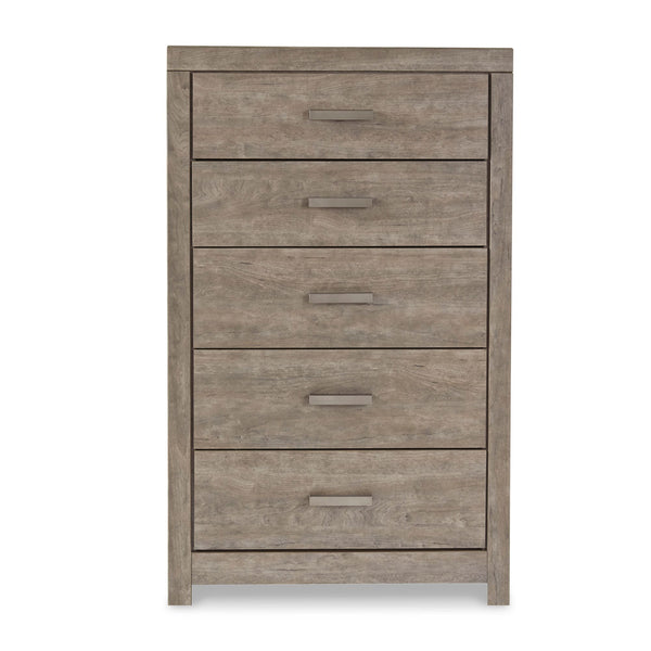Signature Ashley Culverbach grey chest of drawers with clean lines and metal handles, part of the bedroom set.