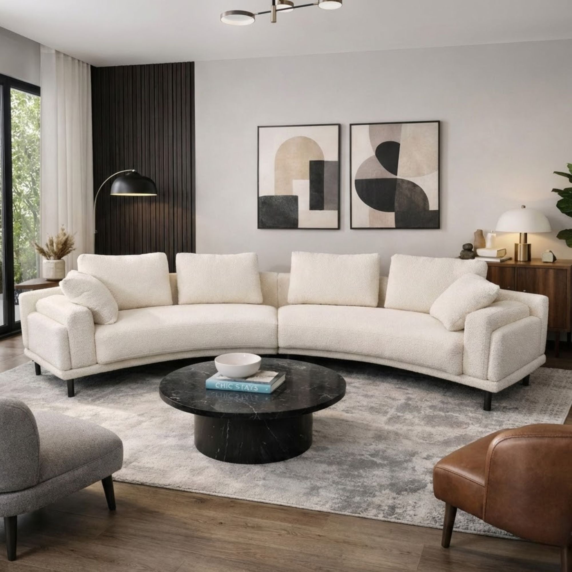 Brassex Antonio beige curved sectional sofa with plush cushions and modern design for stylish living room decor.
