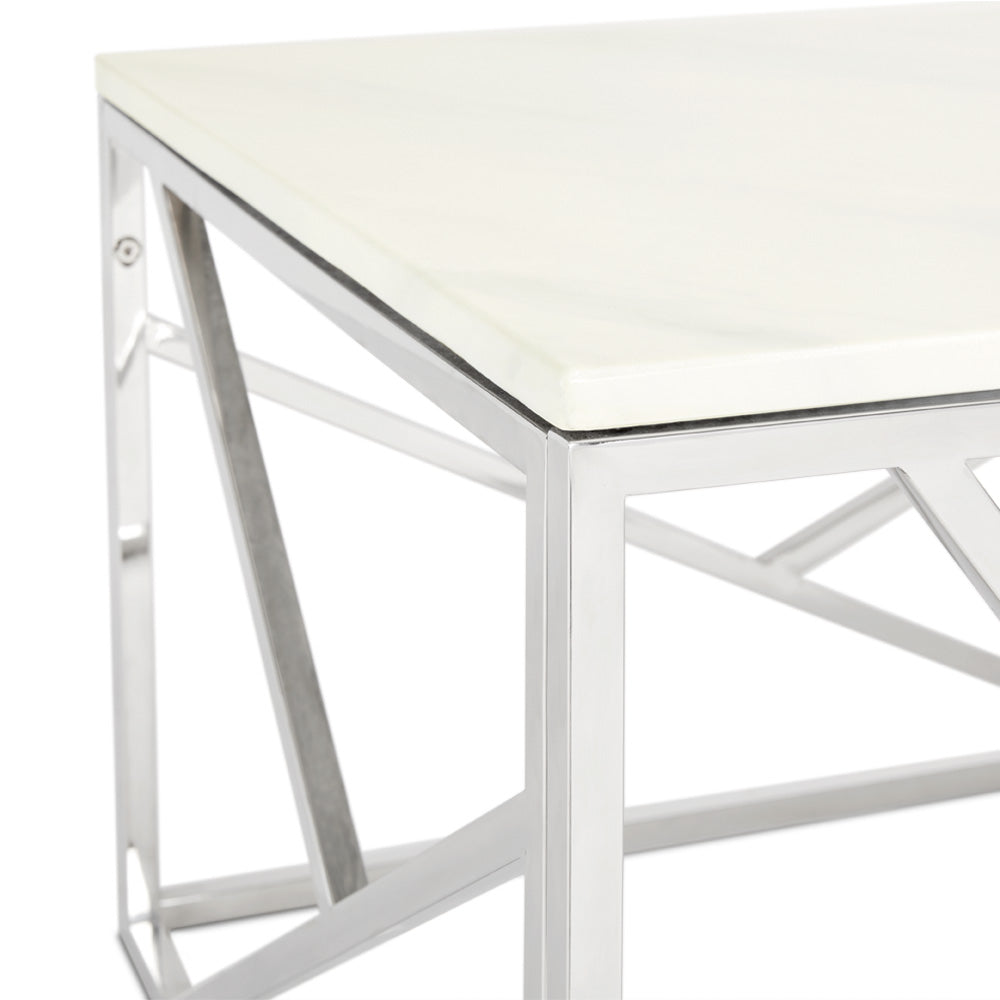 Silver Carole Faux Marble Coffee Table by Xcella with sleek marble surface and modern design, shown with silver edges.