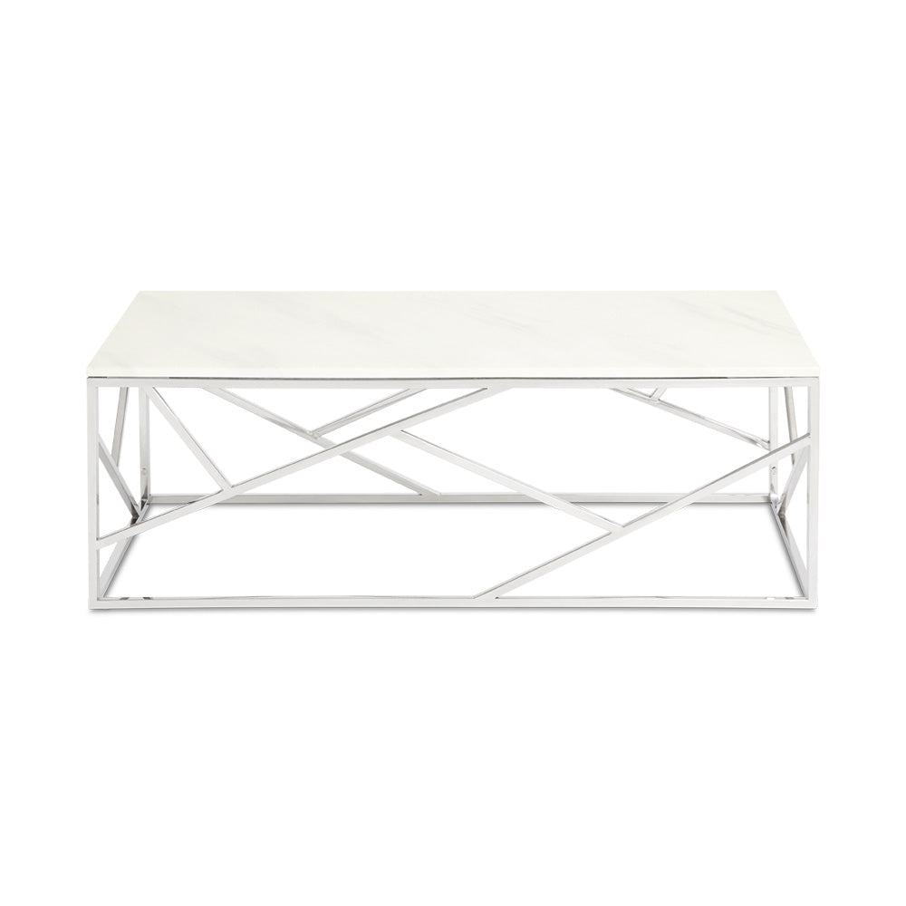 Xcella Carole Faux Marble Coffee Table in silver with a sleek modern design, showcasing its smooth marble surface and sturdy base.
