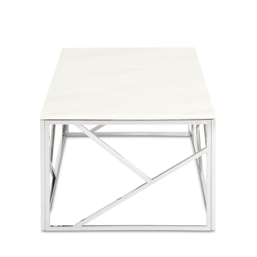 Side view of Xcella Carole Faux Marble Coffee Table in silver with sleek modern design and marble finish.
