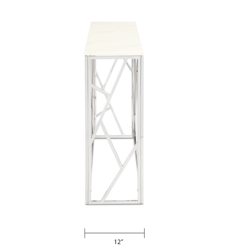 Xcella Carole faux marble silver console table with sleek design and modern style, shown from the side view.