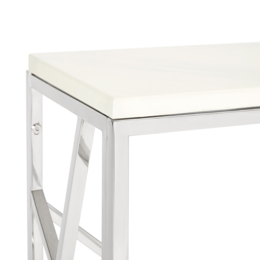 Xcella Carole faux marble console table with silver finish, showcasing a sleek modern design and elegant marble pattern
