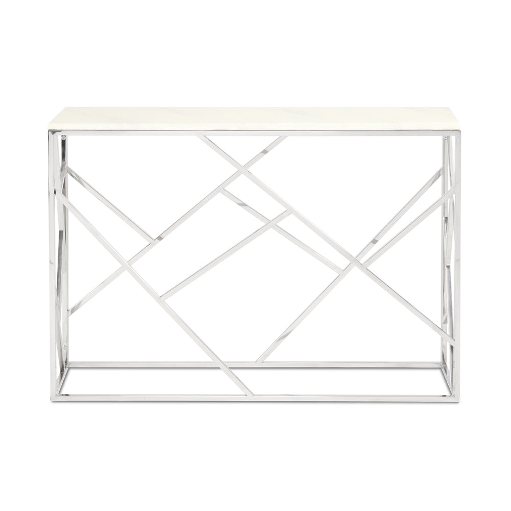 Xcella Carole faux marble console table in silver, featuring a sleek design and smooth marble finish, shown from the front.