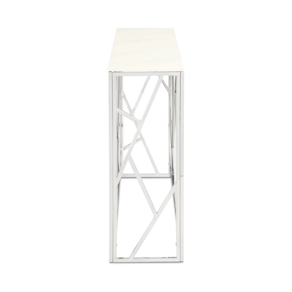 Side view of Xcella Carole faux marble console table with silver finish, showcasing its sleek design and modern style.