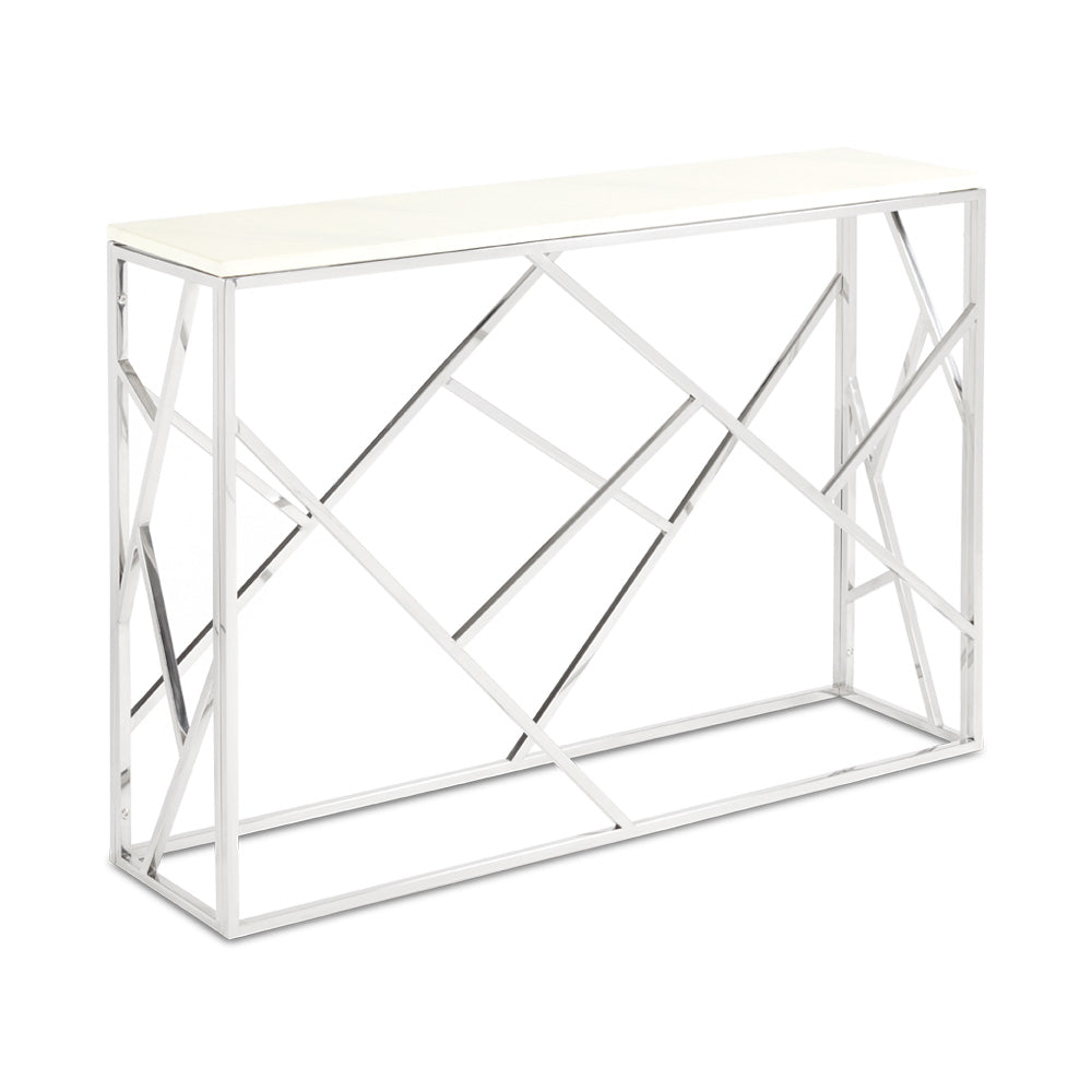 Xcella Carole faux marble console table in silver with sleek modern design, featuring a three-quarter view of the table's surface and legs.