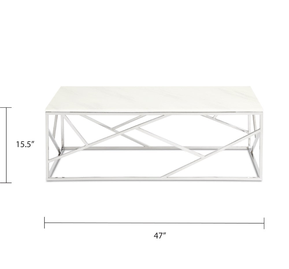Xcella Carole faux marble silver coffee table with sleek modern design, shown from the front view.