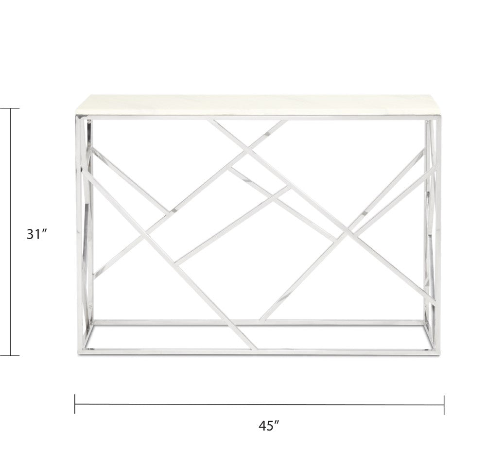 Xcella Carole faux marble console table with silver finish, featuring a sleek modern design and a smooth marble surface.