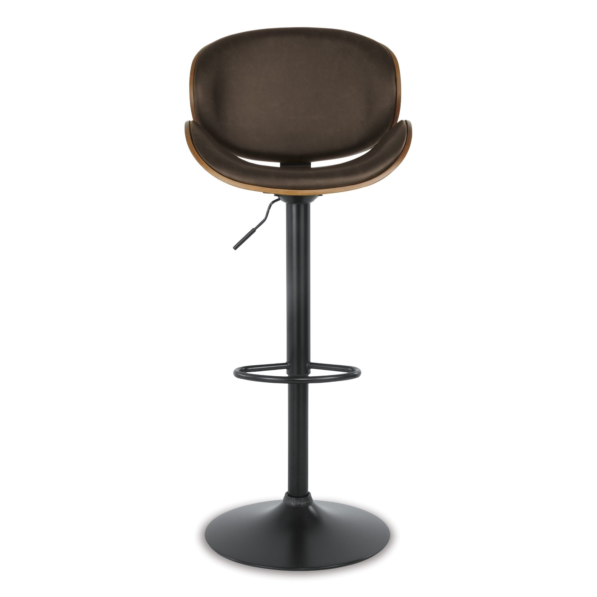 Brown Bellatier tall curved UPH swivel bar stool by Signature Ashley with a high back and wooden legs, perfect for bar seating.