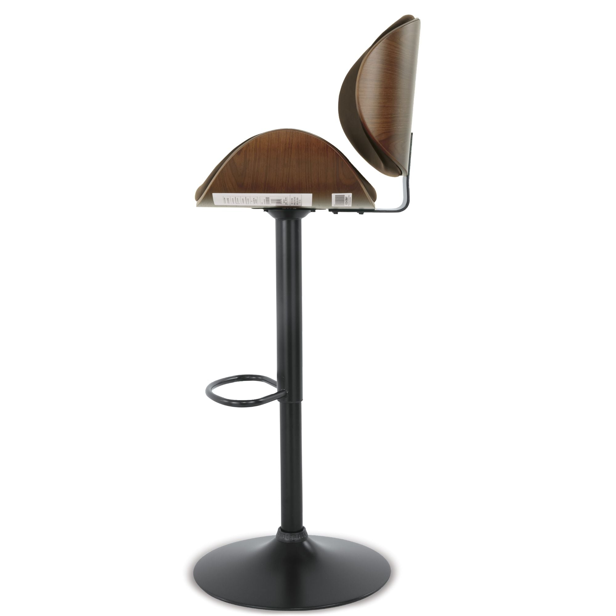 Brown Bellatier Tall Curved UPH Swivel Bar Stool by Signature Ashley with a curved upholstered seat and metal base.