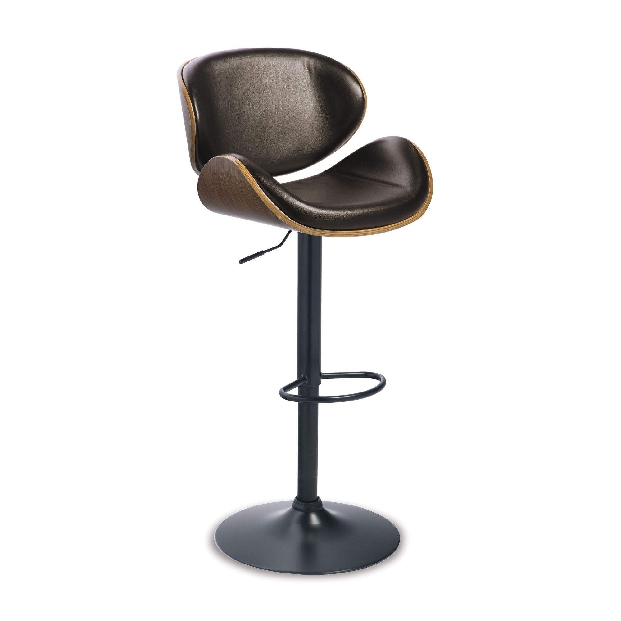 Brown Bellatier Tall Curved UPH Swivel Bar Stool by Signature Ashley with a high backrest and wooden legs, perfect for kitchen or bar areas.