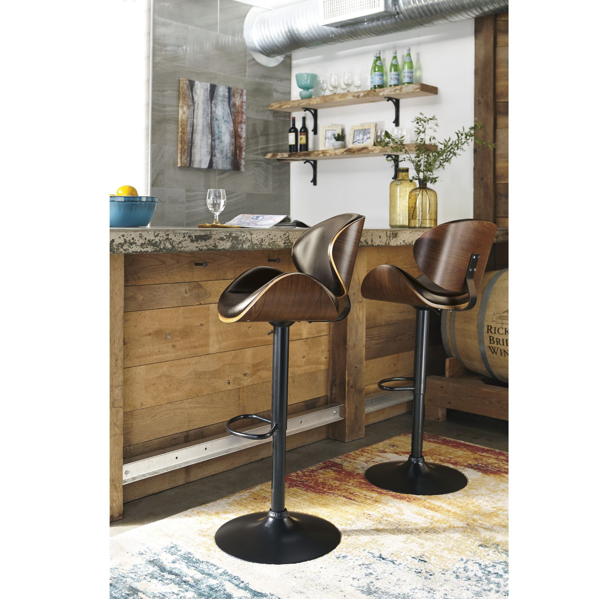Brown Bellatier Tall Curved UPH Swivel Bar Stool by Signature Ashley with a modern design and wooden base.