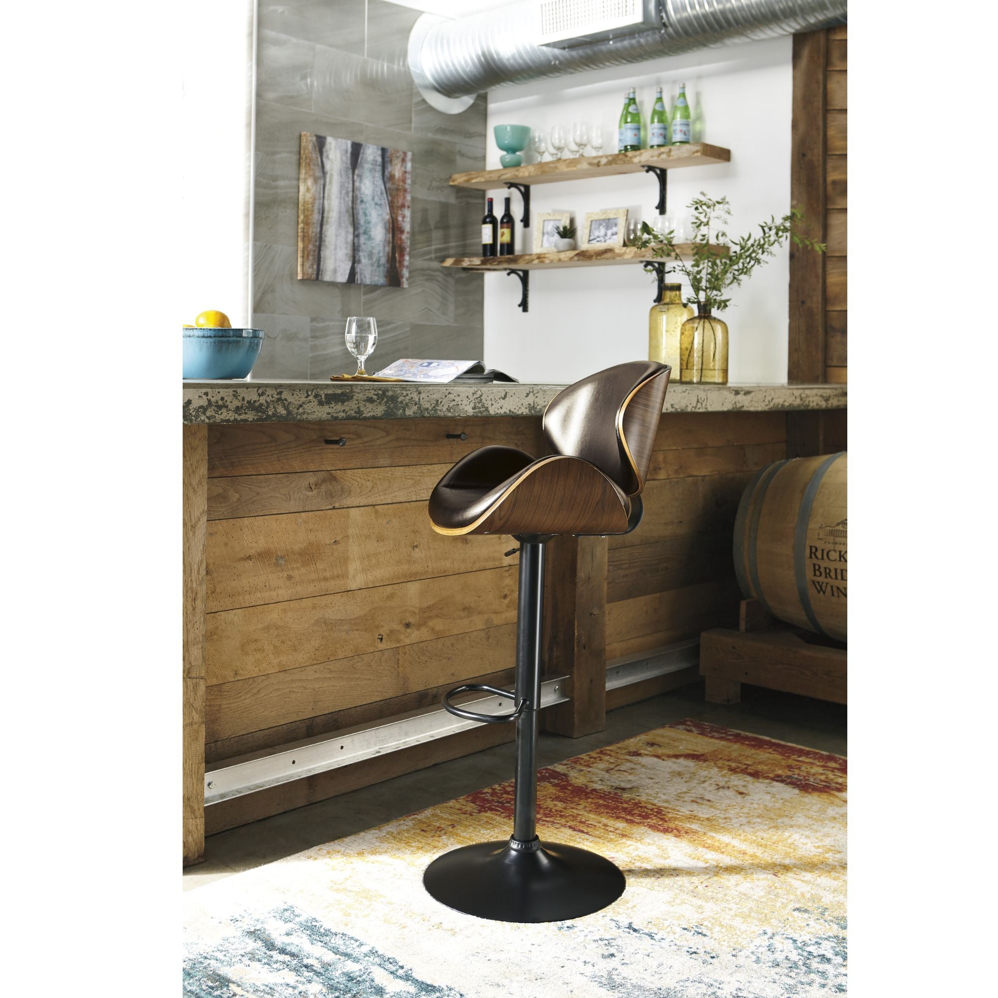 Signature Ashley Bellatier tall curved uph swivel bar stool in brown with a modern design and wooden legs.