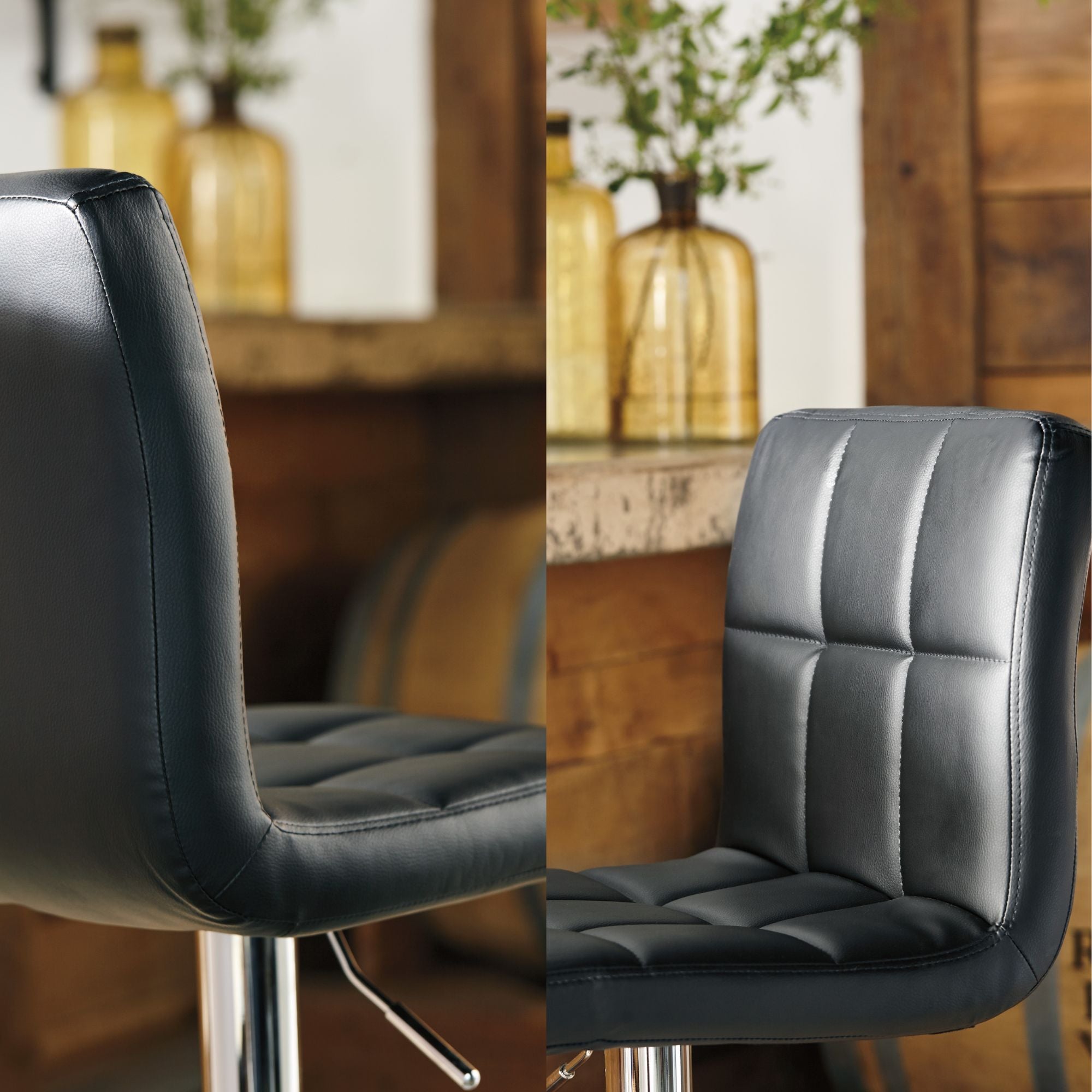 Black Bellatier Tall UPH Swivel Bar Stool by Signature Ashley with a modern design and metal base, shown from a side angle.
