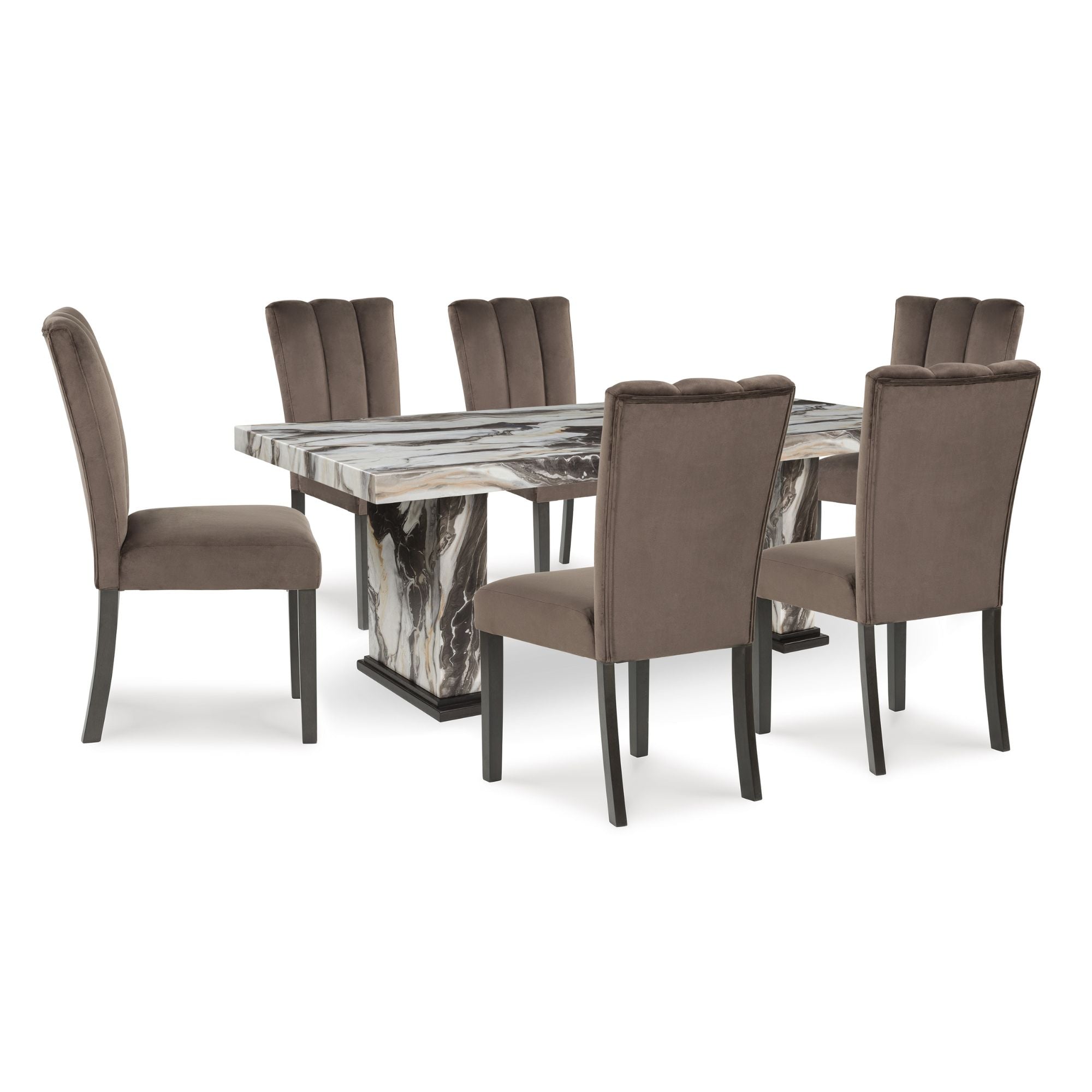 Jeshina marble look dining room set by Signature Ashley featuring a table with marble-style top and matching chairs.