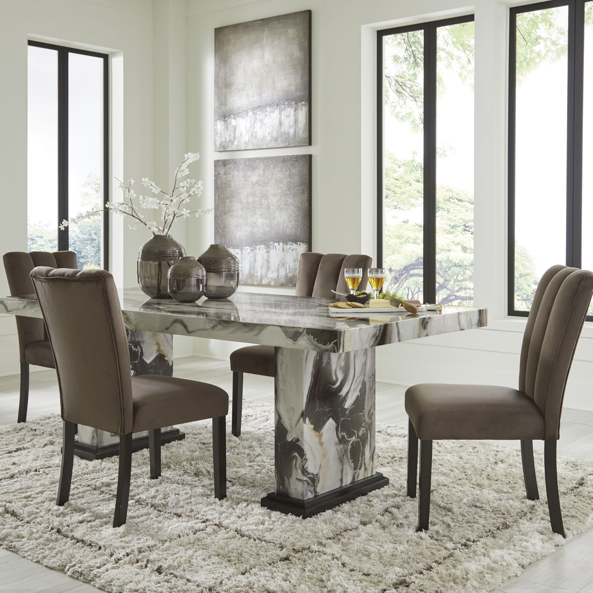 Signature Ashley Jeshina marble look dining room set with a rectangular table and matching chairs in a modern style.